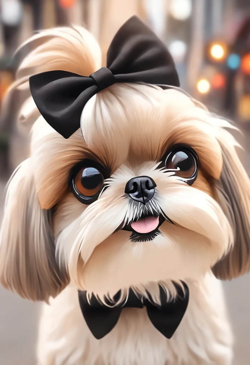 There's a small shih tzu dog mixed in black and white colors with a bow tie and sunglasses, peluda bonita precisa de sua ajuda, Looking towards the camera, queixo pequeno, bonita, taken with sony a7r camera, olhar desleixado, Oi, monochrome black and white, lovingly looking at camera, The most beautiful and cutest Shih Tzu I've ever seen, gordinha e feliz