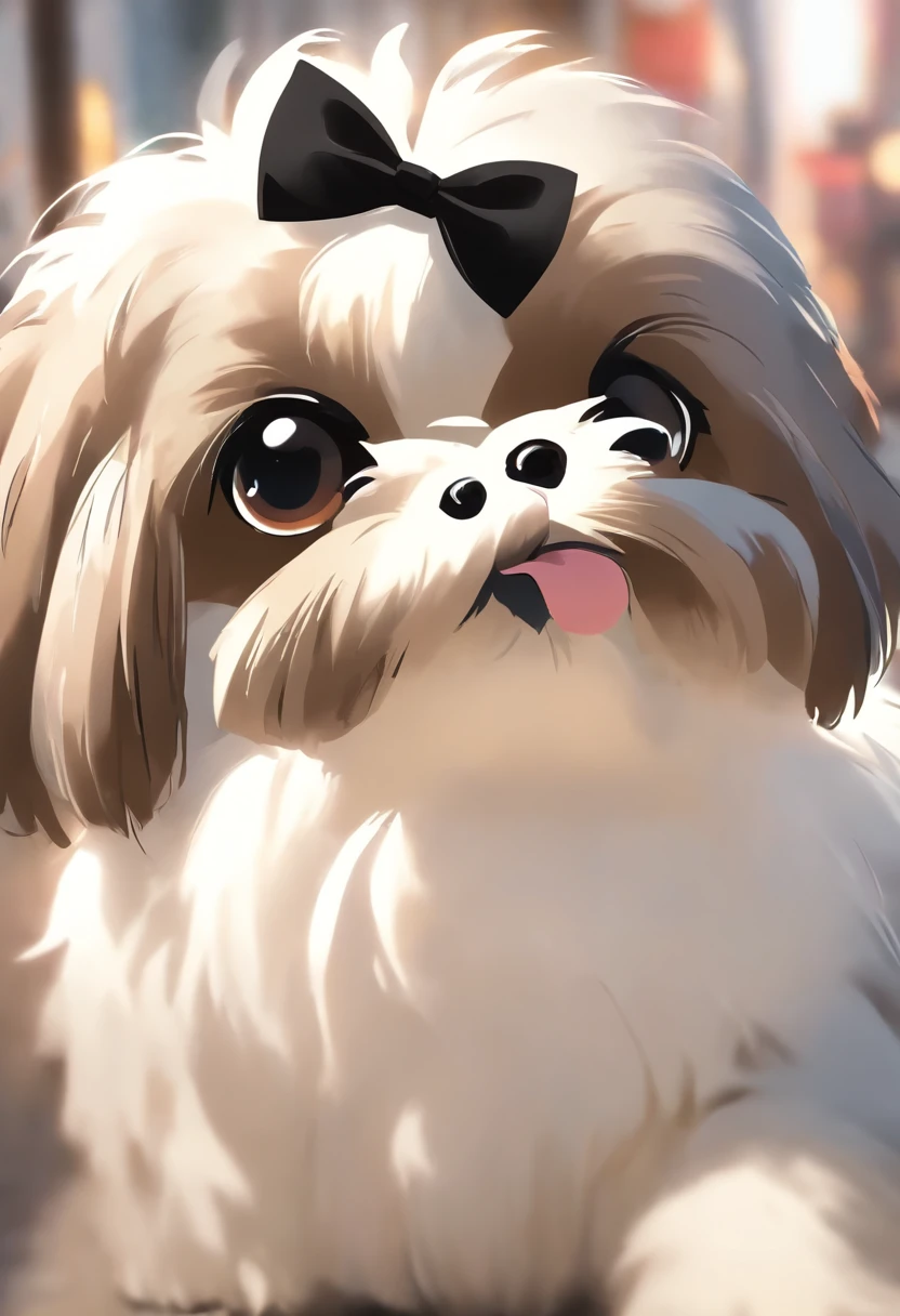 There's a small shih tzu dog mixed in black and white colors with a bow tie and sunglasses, peluda bonita precisa de sua ajuda, Looking towards the camera, queixo pequeno, bonita, taken with sony a7r camera, olhar desleixado, Oi, monochrome black and white, lovingly looking at camera, The most beautiful and cutest Shih Tzu I've ever seen, gordinha e feliz