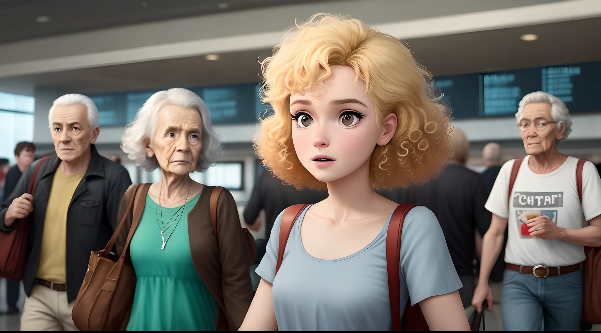 A Disney pixar-inspired movie poster with title 'Perrengue no GRU'. A blonde girl with curly hair in the airport with a desperate face and a old lady behind her. The scene should be in the distinct digital art style of pixar, with the title 'Perrengue no GRU'