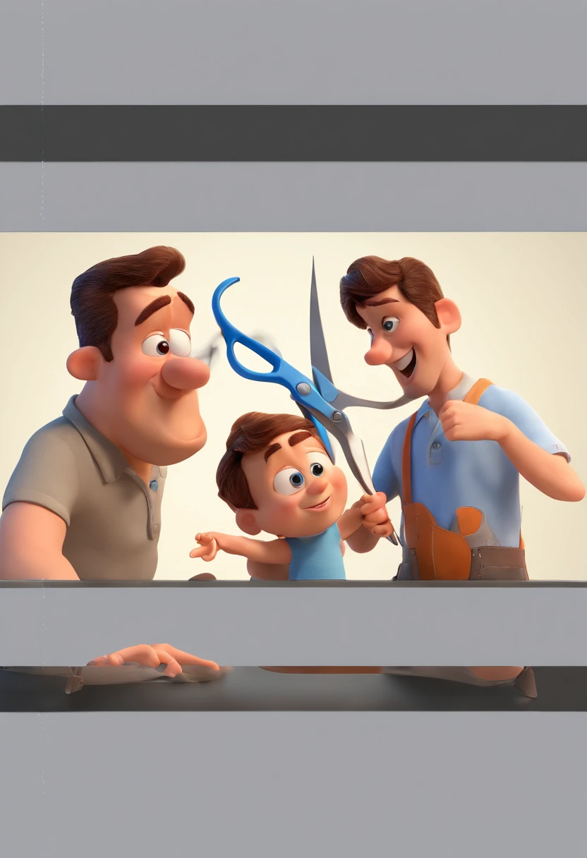 Estilo Pixar: The grown man is holding a naked blue-eyed boy and in his other hand he is holding a pair of scissors and is trying to cut off the boy's testicles,3D Poster,Disney