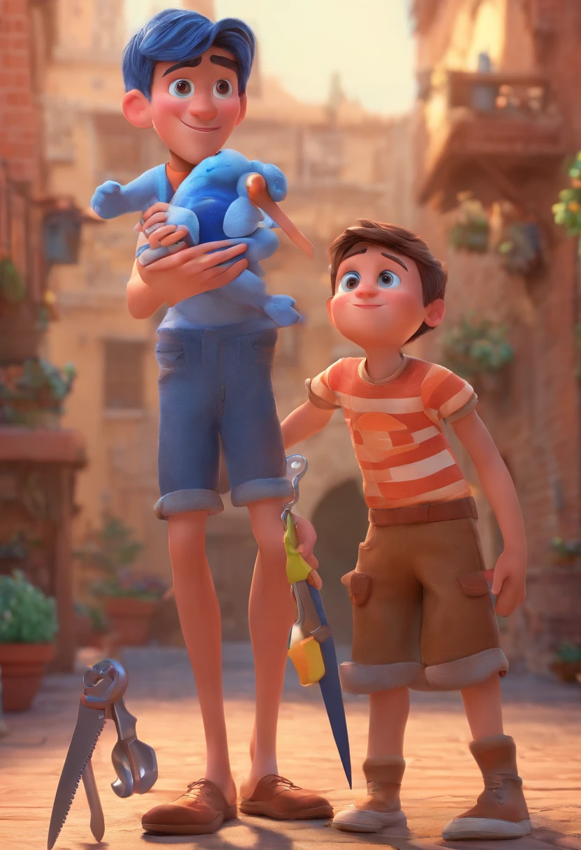 Estilo Pixar: The grown man is holding a naked blue-eyed boy and in his other hand he is holding a pair of scissors and is trying to cut off the boy's testicles,3D Poster,Disney