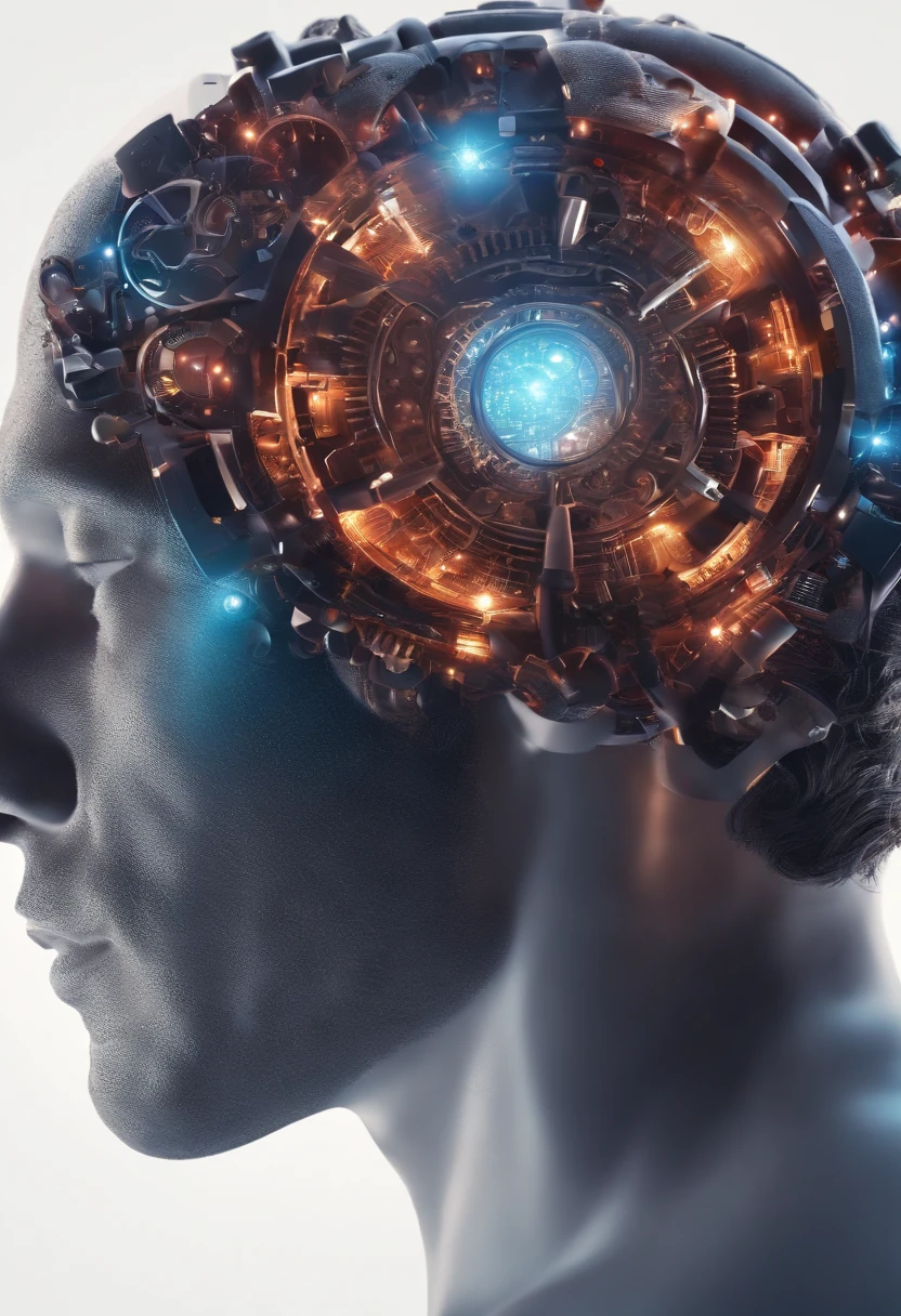Human brain being reprogrammed through gears in a male head ,in a confusing and mysterious environment with lights that connect the brain to the universe