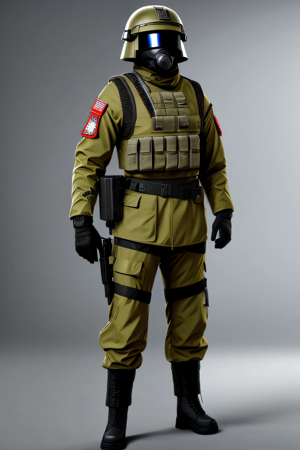 A soldier in a red Soviet military uniform with elements of futurism stands on a bright white background, In his left hand is a futuristic electric glove, whitebackground, white background for asset
