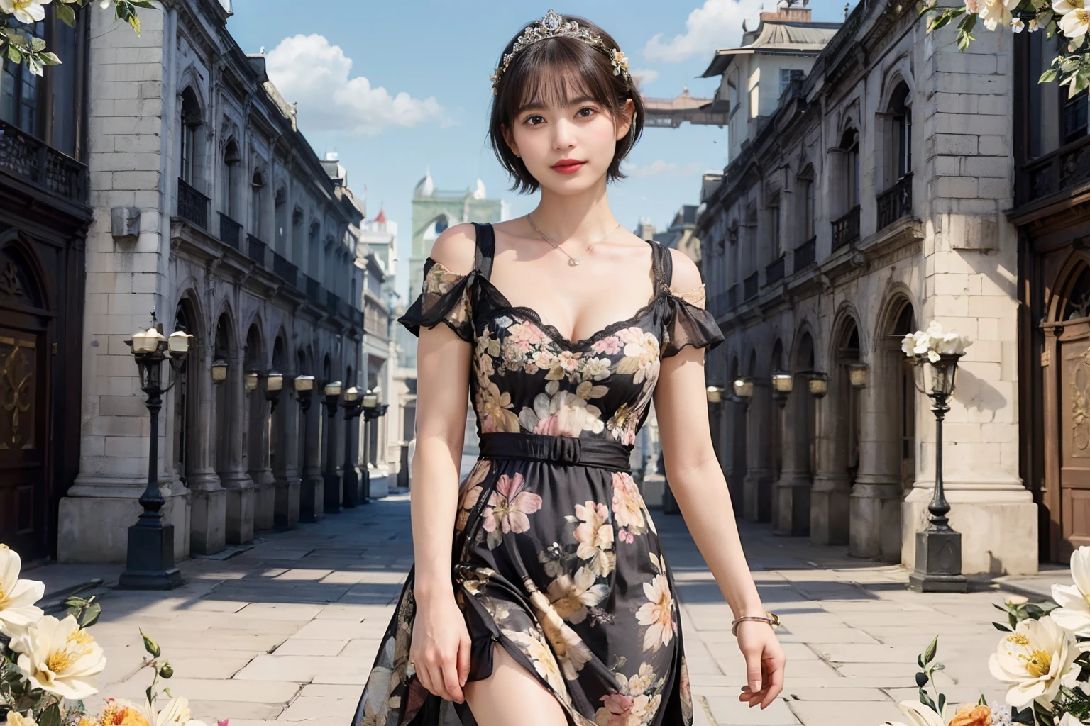 80
(20-year-old princess,is standing), (A hyper-realistic), (masutepiece), ((short-hair:1.46)), (Smooth black hair), (Breast:1.0), (kindly smile:0.9), (Floral Dresses:1.46), (Majestic Palace:1.46), Orange Lipstick