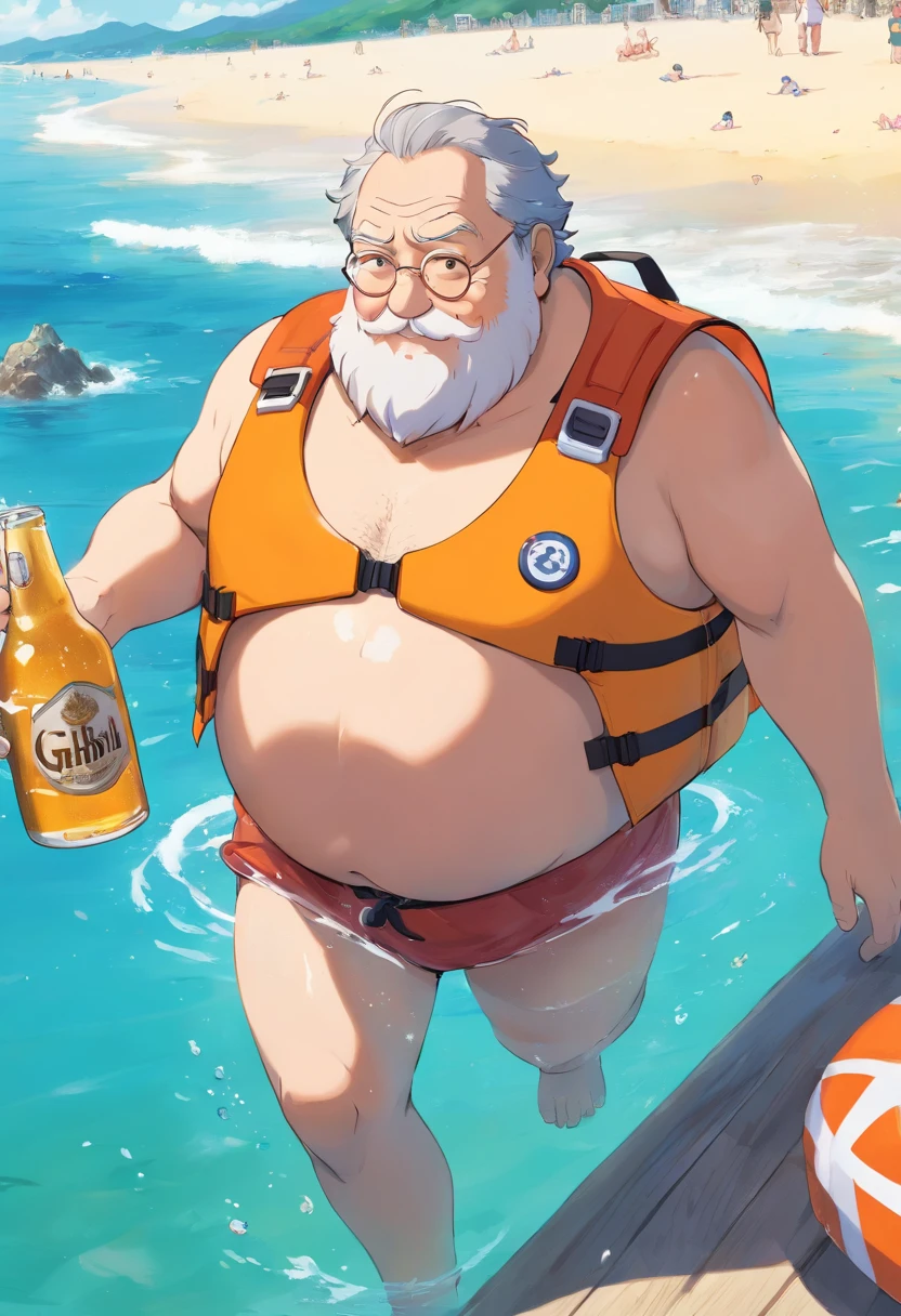 A fat grandfather swimming using a life jacket, bare chested, on the beach, and enjoying a cup of beer, his face flushed, chubby, fatty, full body, old man brown skin, the skin very sweat