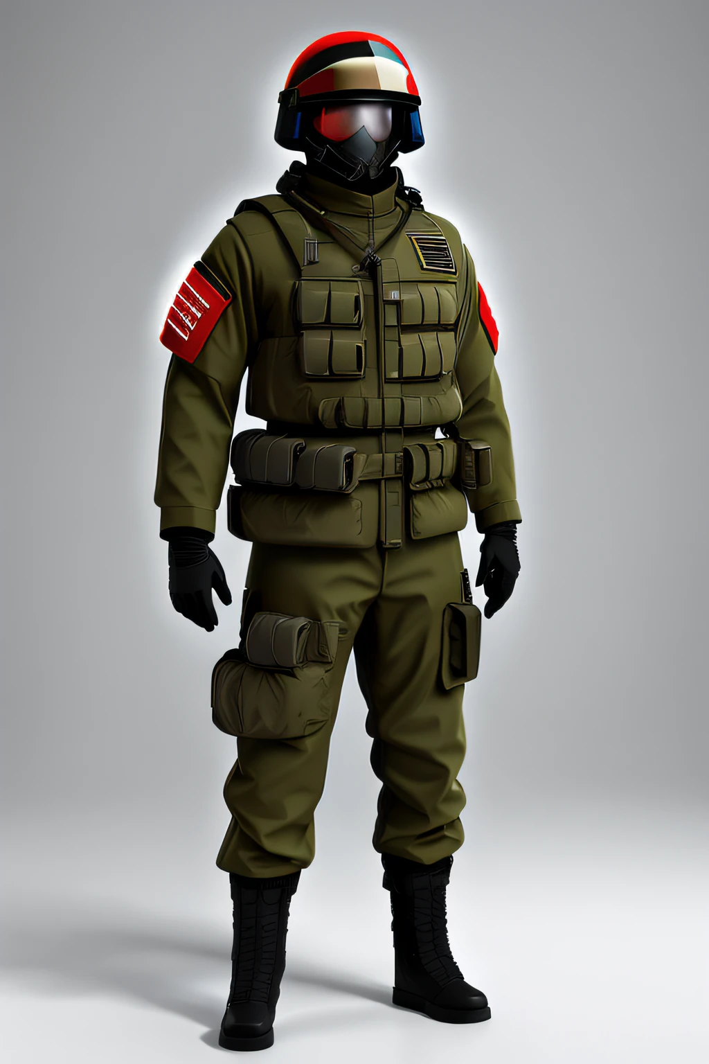 A soldier in a red Soviet military uniform with elements of futurism stands on a bright white background, In his left hand is a futuristic electric glove, whitebackground, white background for asset