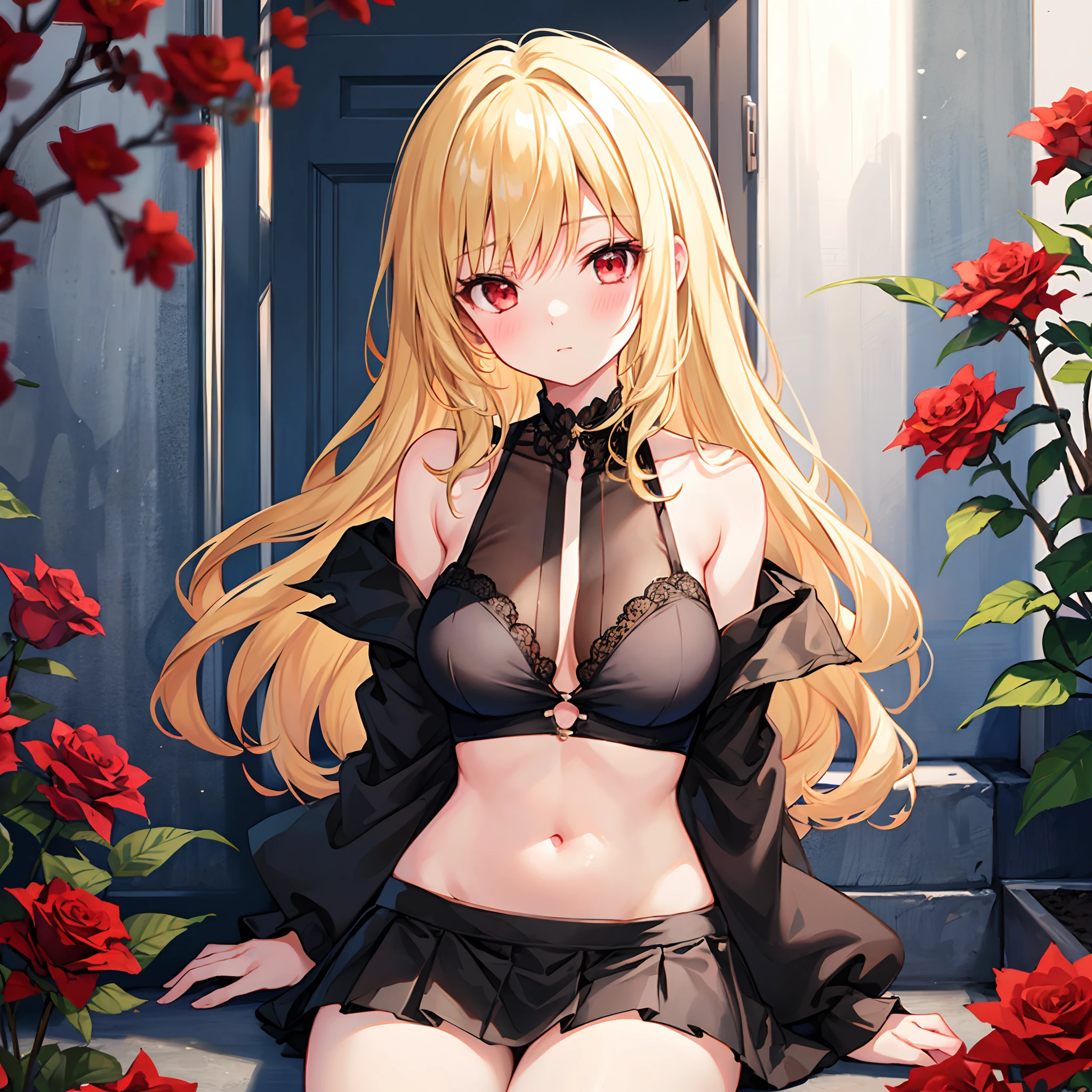 Girl with wavy blonde hair and red eyes、Sitting surrounded by roses、red blush、off shoulders、a miniskirt