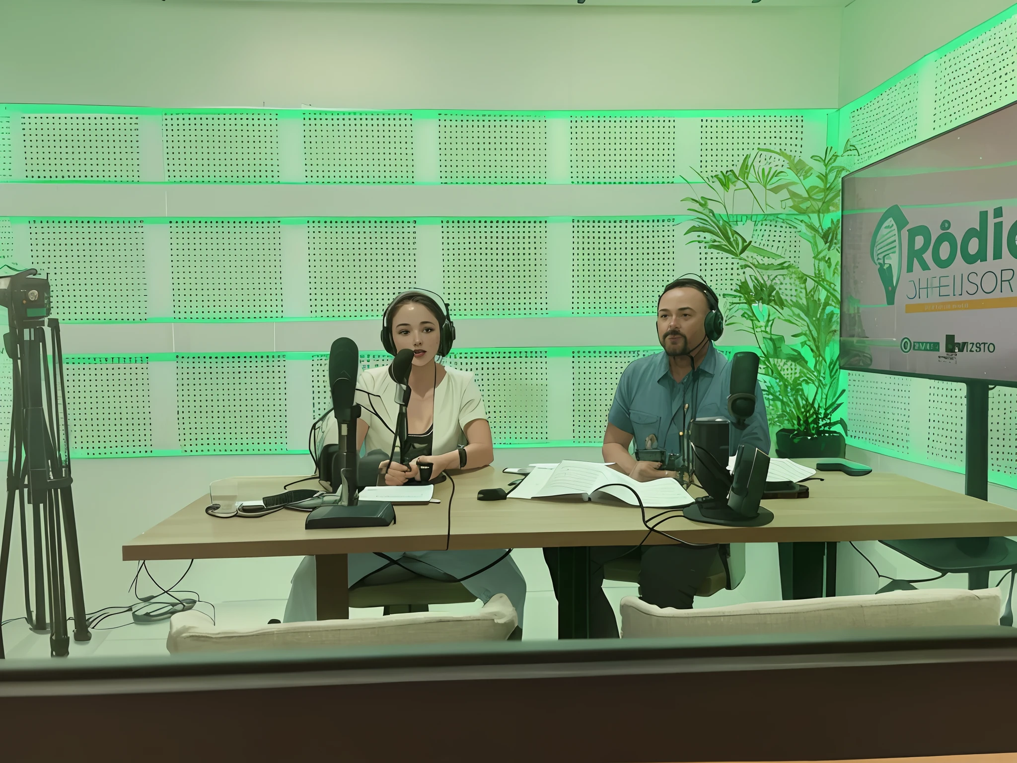 There's a man and a woman sitting at a table with a microphone, WPOL e Sarasti, Ouchh and Innate Studio, Talk show, Foto de 2022, Captured not iPhone, Myst no ar, entrevista, at office, sentado em frente a um microfone, studio gibli, Nos bastidores, livestream