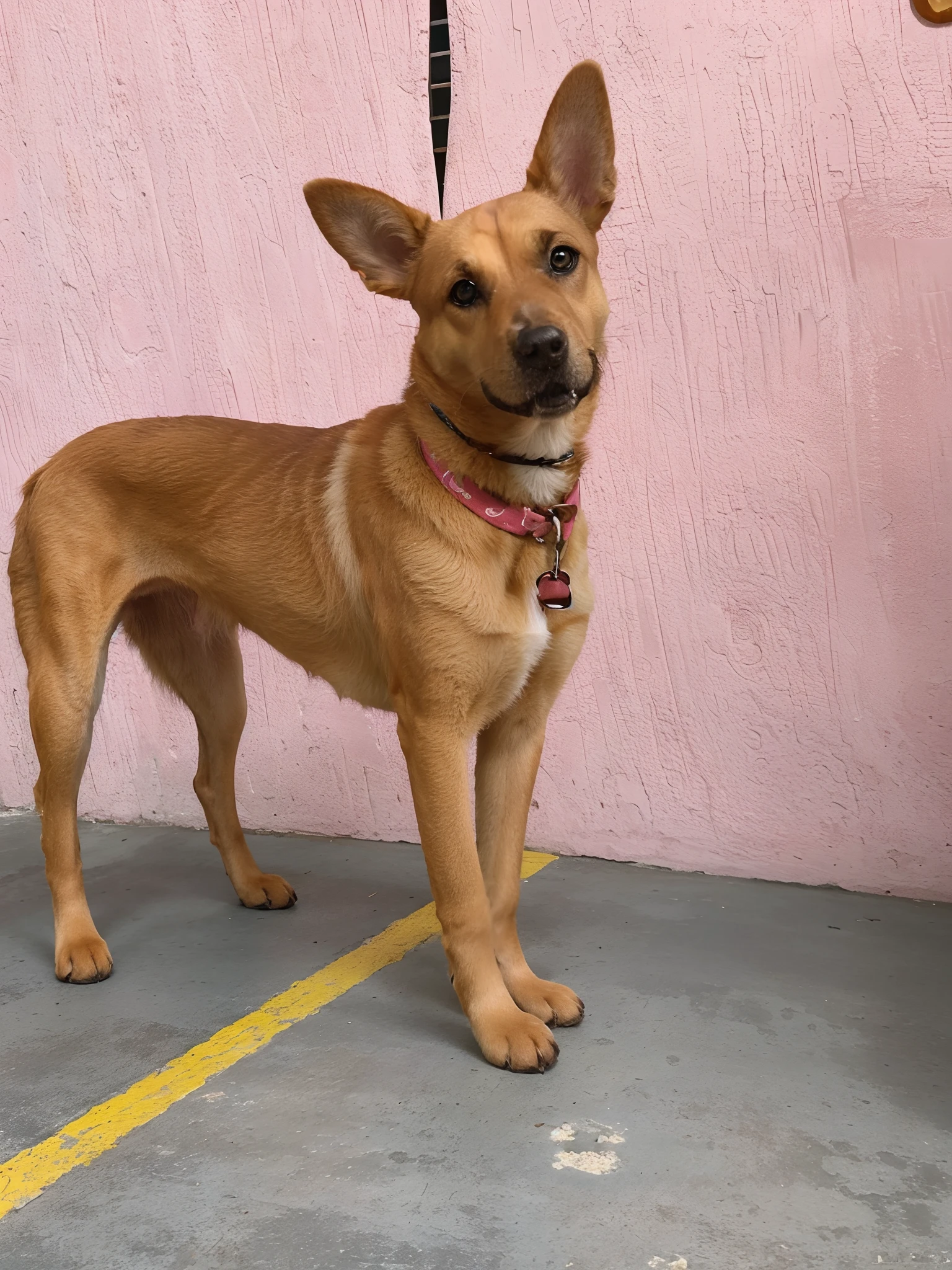 1 Caramel Female Dog Standing D Ear Up, fundo rosa imagem estilo pixar Disney