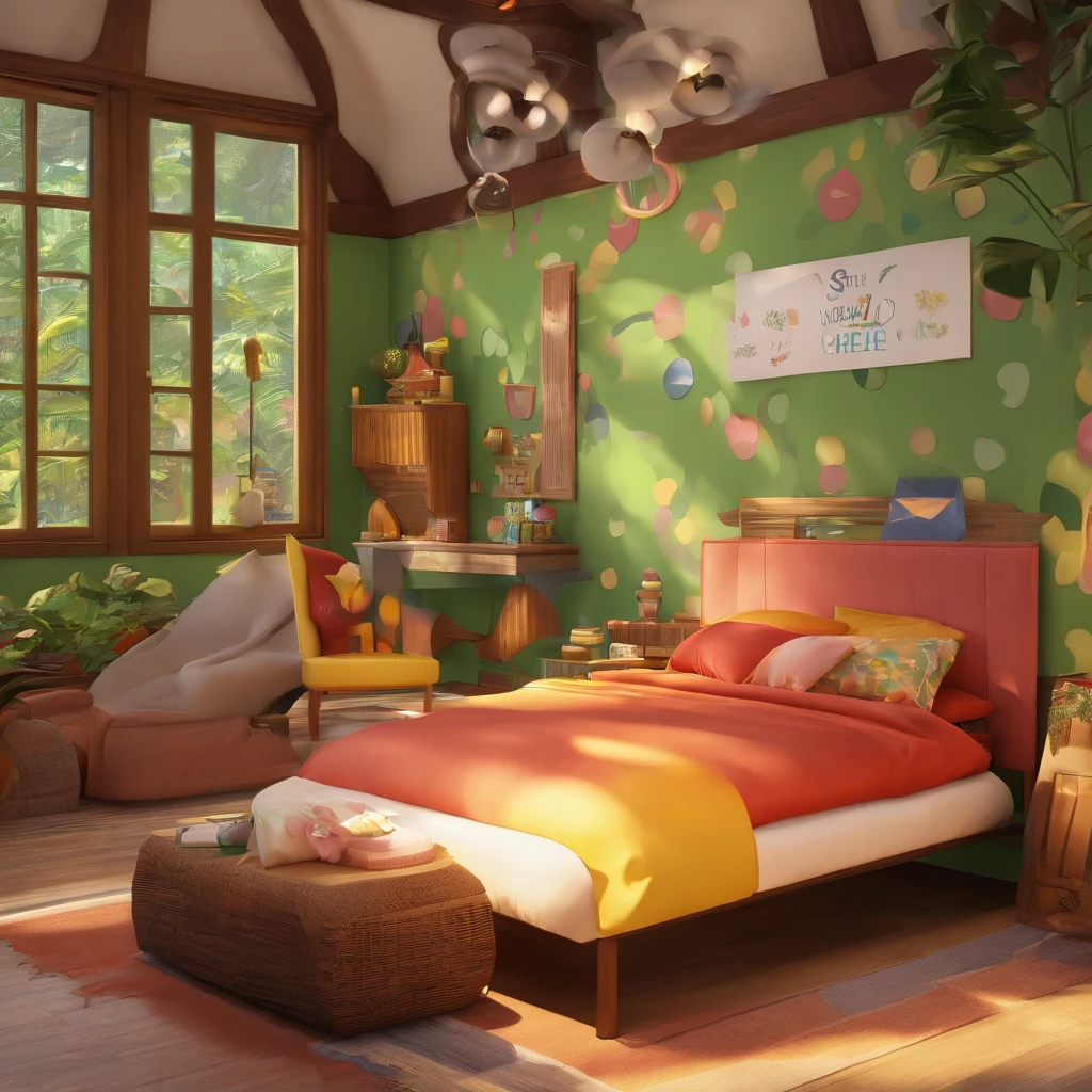 Create a poster inspired by Disney Pixar A small, modern chocolate factory like Willy Wonka's, There's no smoke, It doesn't have a chimney, vista frontal, com telhado de casa, In the middle of the Amazon jungle, com cacaueiros ao redor, gente trabalhando