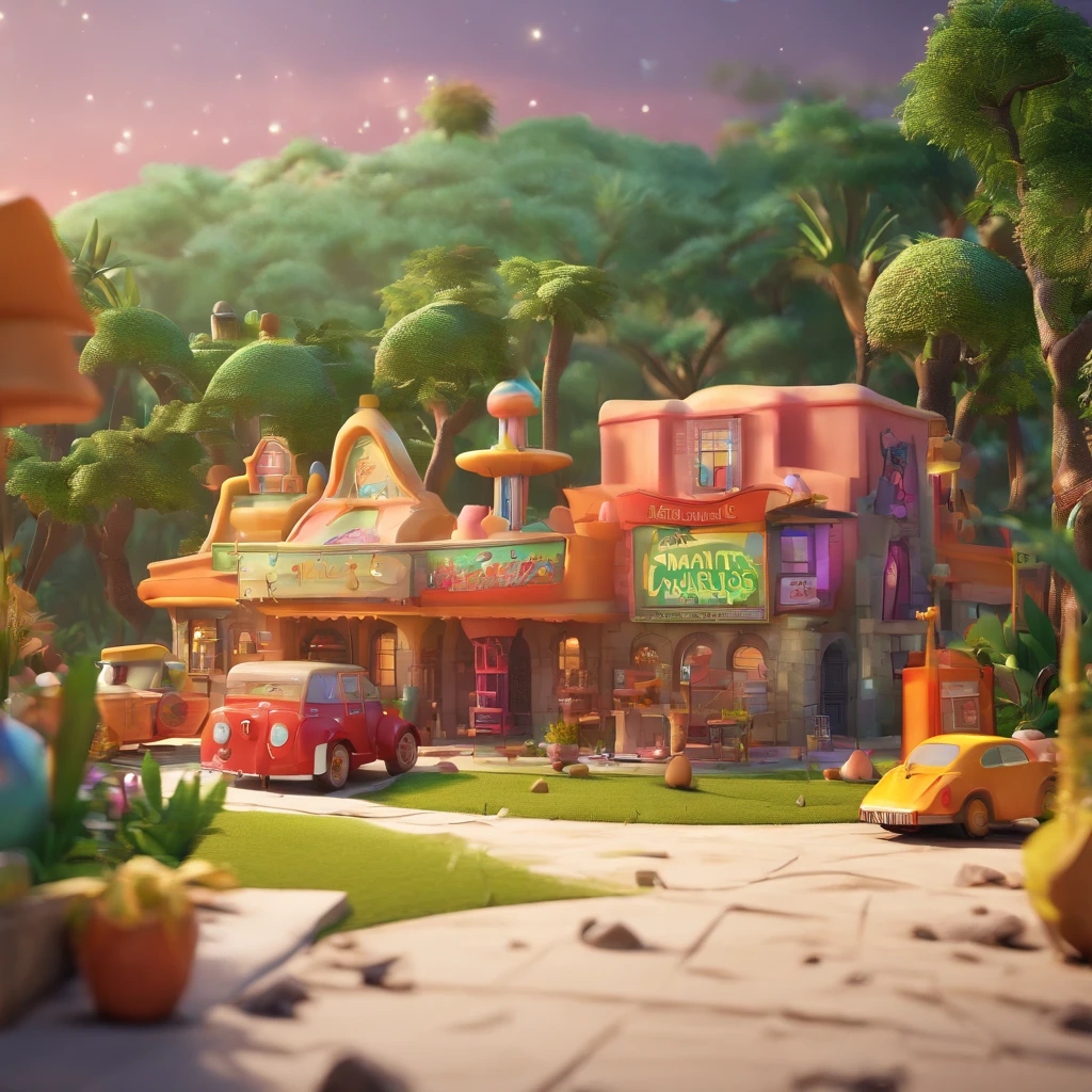 Create a poster inspired by Disney Pixar A small, modern chocolate factory like Willy Wonka's, There's no smoke, It doesn't have a chimney, vista frontal, com telhado de casa, In the middle of the Amazon jungle, com cacaueiros ao redor, gente trabalhando