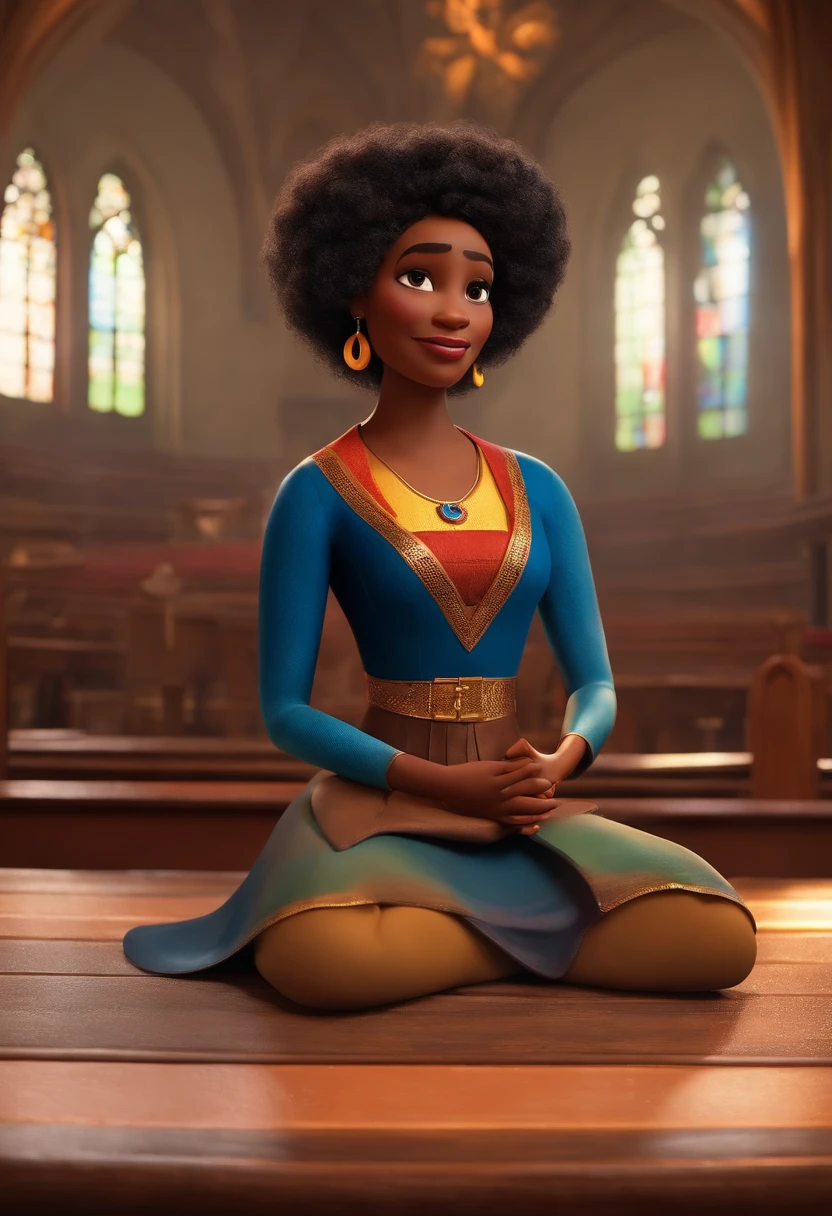 Uma mulher negra, cantora, cabelo liso, inspired by Pixar animation, de perto, na igreja . The focus is on the character, with a captivating facial expression, Against a backdrop of shimmering, cores efervescentes.