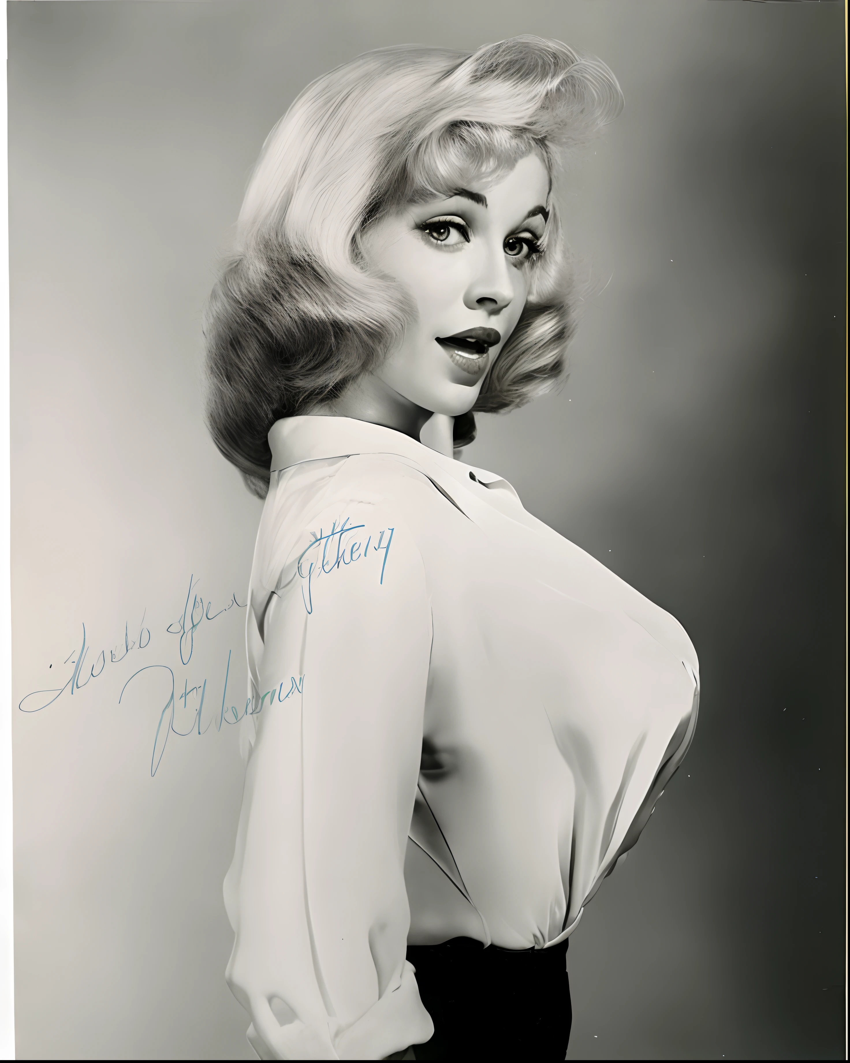 arafed photo of a woman with a very large breast, terry moore, by Jerry Eisenberg, by Doug Wildey, by Allan Linder, by Roy Dalgarno, gill elvgren, promotional portrait, photography of bill brauer, by Jerry Schatzberg, by Doug Ohlson, young dolly parton portrait, by Kees Scherer