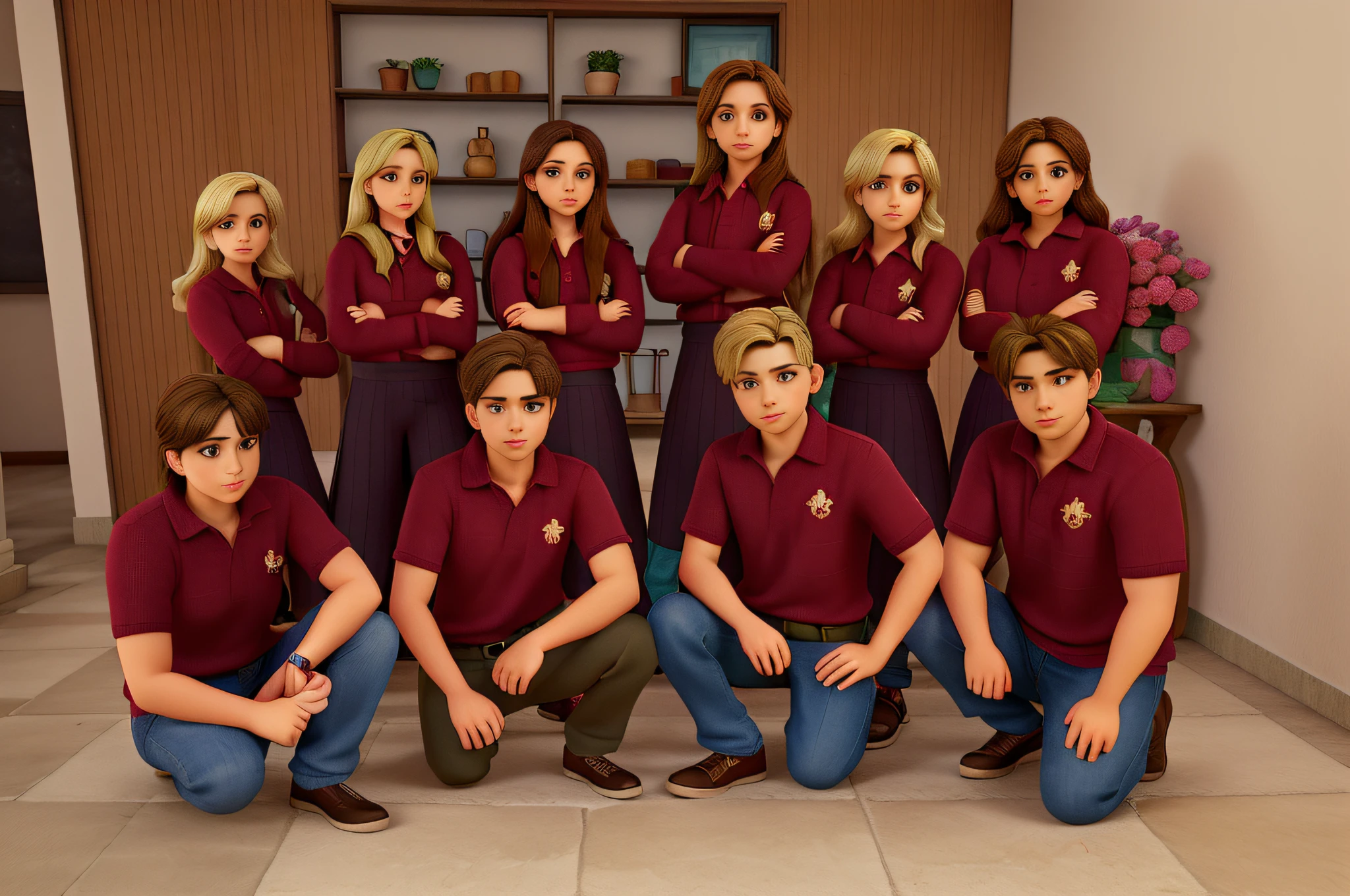 Six women in the background with their arms crossed, with two on the right side blonde and four men crouched on the ground, todos sorridentes