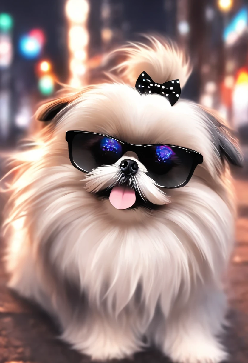 There's a little shih tzu and Pomeranian mix dog mixed in black and white colors with a bow tie and sunglasses, The most beautiful and cutest Shih Tzu I've ever seen, gordinha e feliz, peluda bonita precisa de sua ajuda, Looking towards the camera, queixo pequeno, bonita, taken with sony a7r camera, olhar desleixado, Oi, monochrome black and white, lovingly looking at camera,