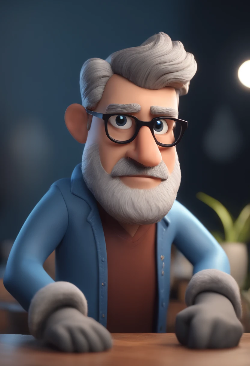 Cartoon character of a man with black glasses, gray short hair, gray beard and a blue shirt, animation character, Caractere estilizado, animation style rendering, 3D estilizado, Arnold Maya render, 3 d render stylized, toon render keyshot, Personagem 3D, Personagem 3D, 3d rendering stylized, 3 d character render, personagem de desenho animado, Personagem de close up, Pose de personagem, (Estilo Pixar) (master part:1.2) (Bokeh) (best quality) (pele detalhada) (textura detalhada) (8k) (argila) (Cinematic lighting) (foco nítido with a sports bike in the backdrop