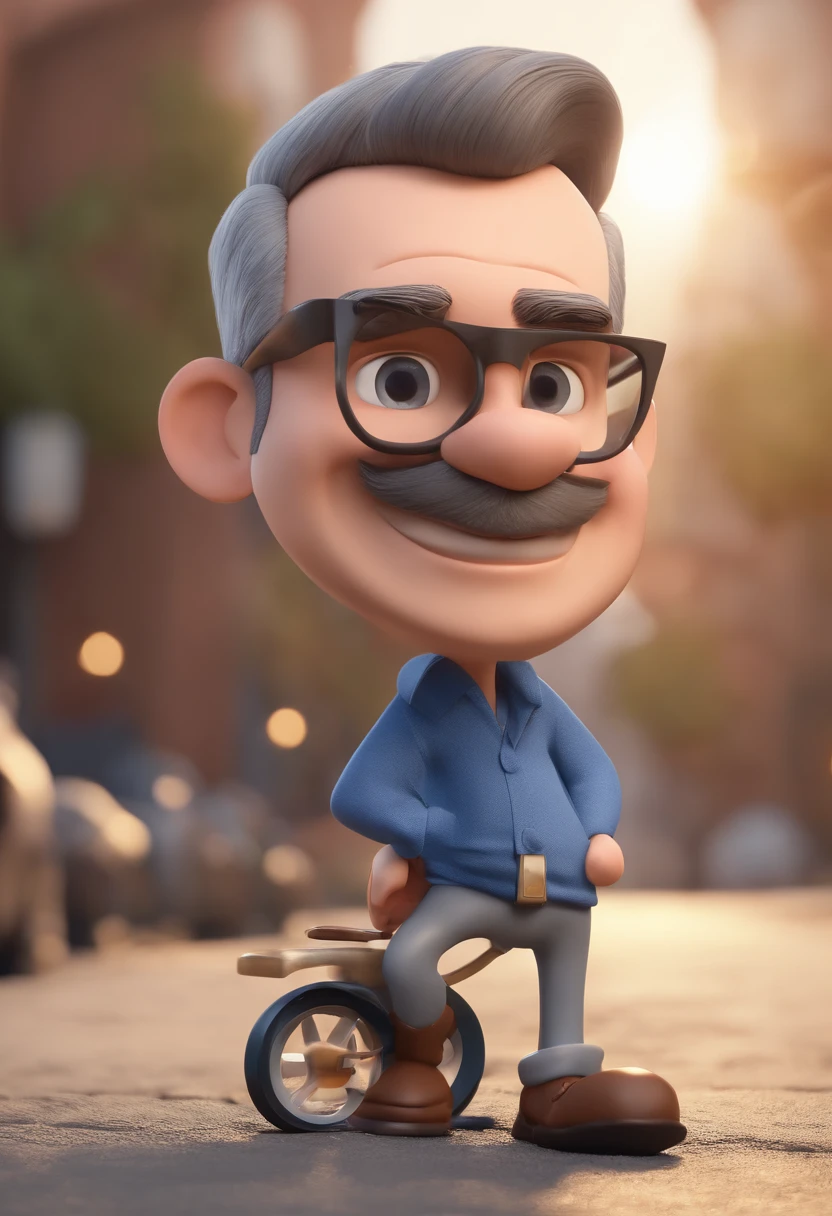Cartoon character of a man with black glasses, gray short hair, gray beard and a blue shirt, animation character, Caractere estilizado, animation style rendering, 3D estilizado, Arnold Maya render, 3 d render stylized, toon render keyshot, Personagem 3D, Personagem 3D, 3d rendering stylized, 3 d character render, personagem de desenho animado, Personagem de close up, Pose de personagem, (Estilo Pixar) (master part:1.2) (Bokeh) (best quality) (pele detalhada) (textura detalhada) (8k) (argila) (Cinematic lighting) (foco nítido with a sports bike in the backdrop