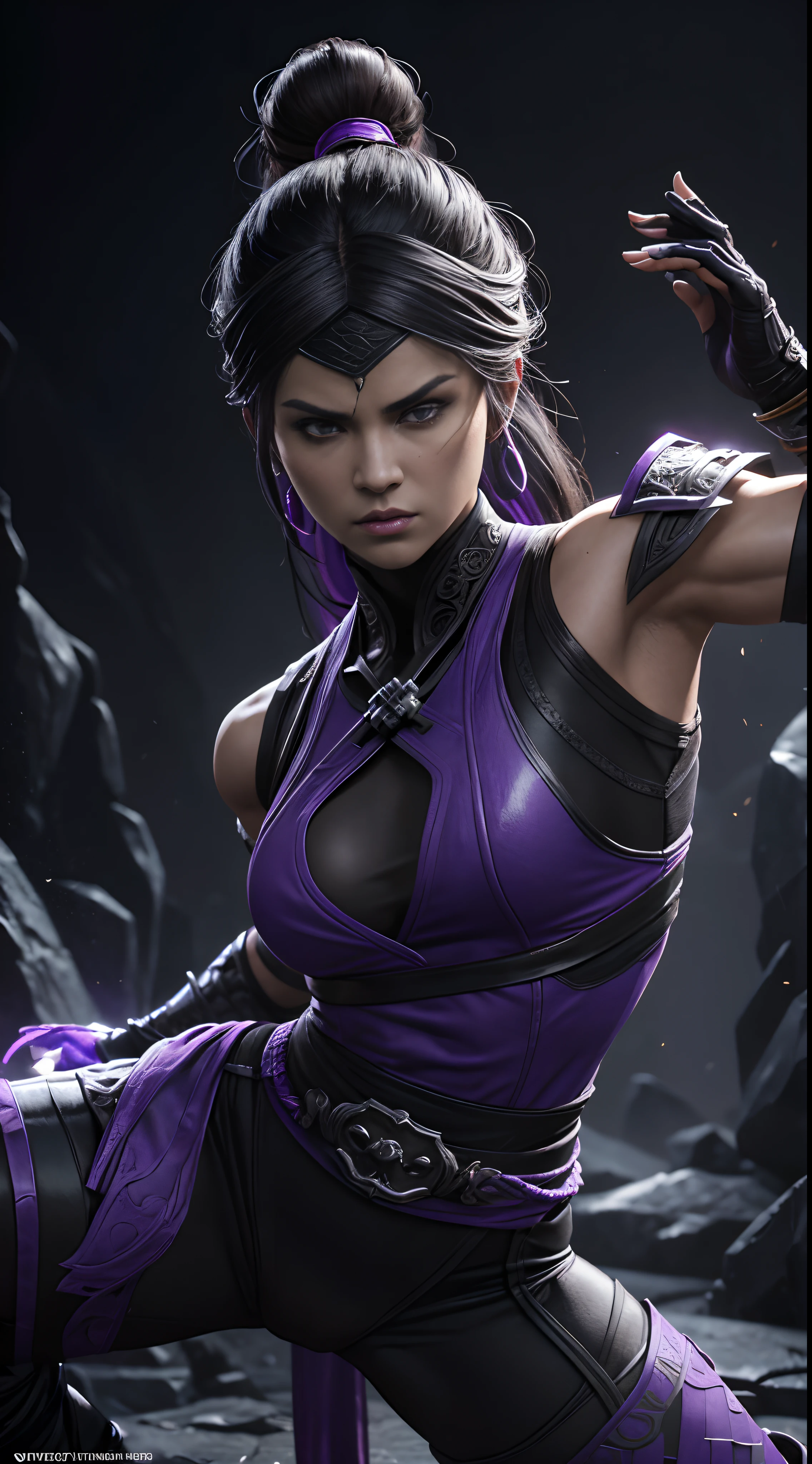 Mortal Kombat Mileena, cyberpunk, outdoor, street, purple, hyperrealism, photorealistic, 8k, unreal engine, 3d render --ar 9:16 --niji 5 --style expressive --s 400
