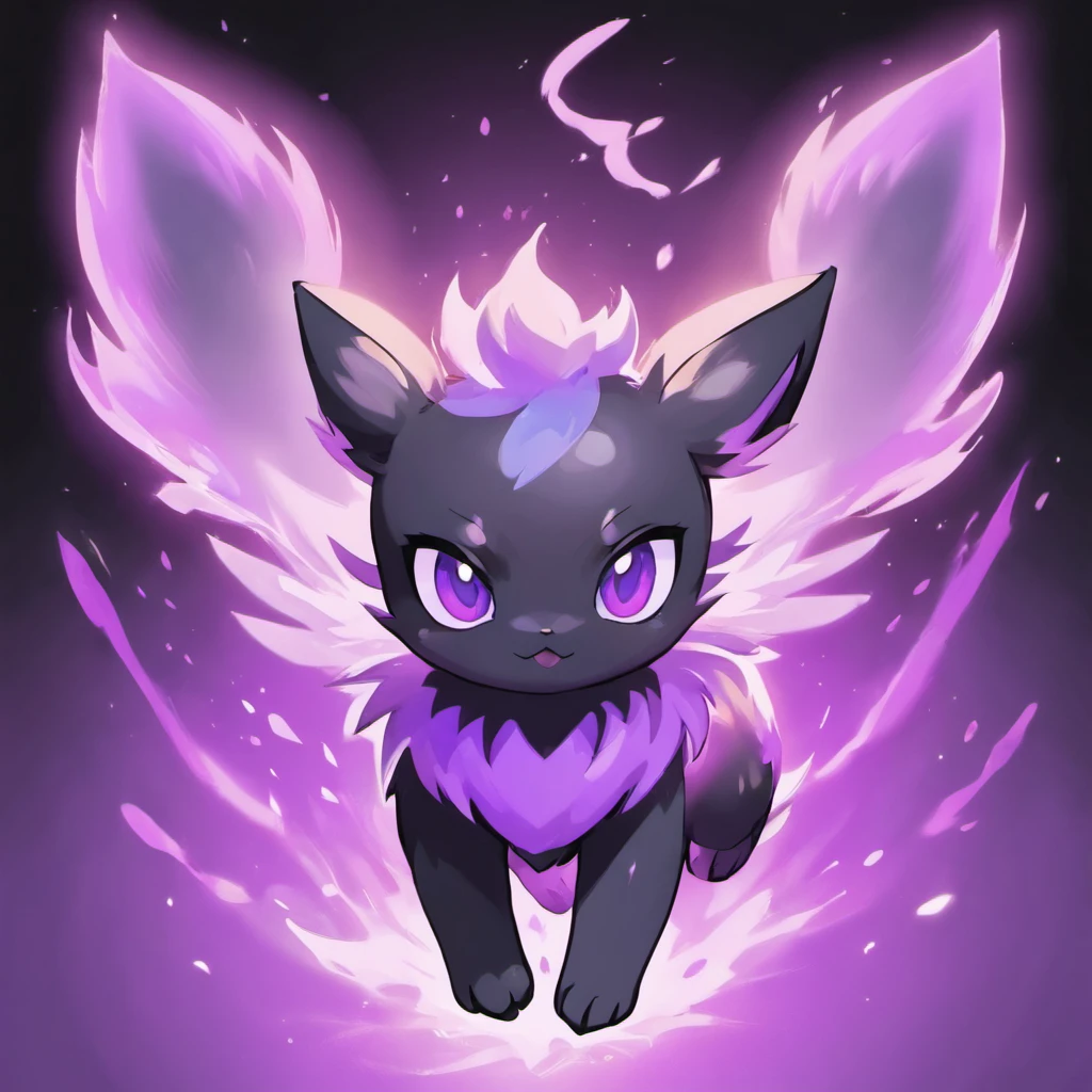 Eevee, Ebony black, poison fangs, A ghostly aura of violet and purple, Spooky, nightmare, Masterpiece, Best quality