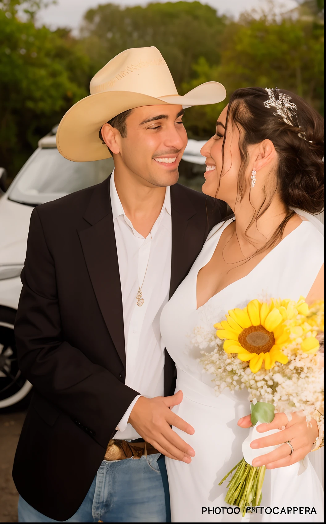 Bride and groom with cowboy hats next to a car, celebrar um casamento ilegal, Casal feliz, noivos, foto do casamento, casamento, 1614572159, foto colorida, fotografia de casamento, fotografia colorida, Karla Ortiz, tiro de lado, close up tiro de meio corpo, taken in the early 2020s