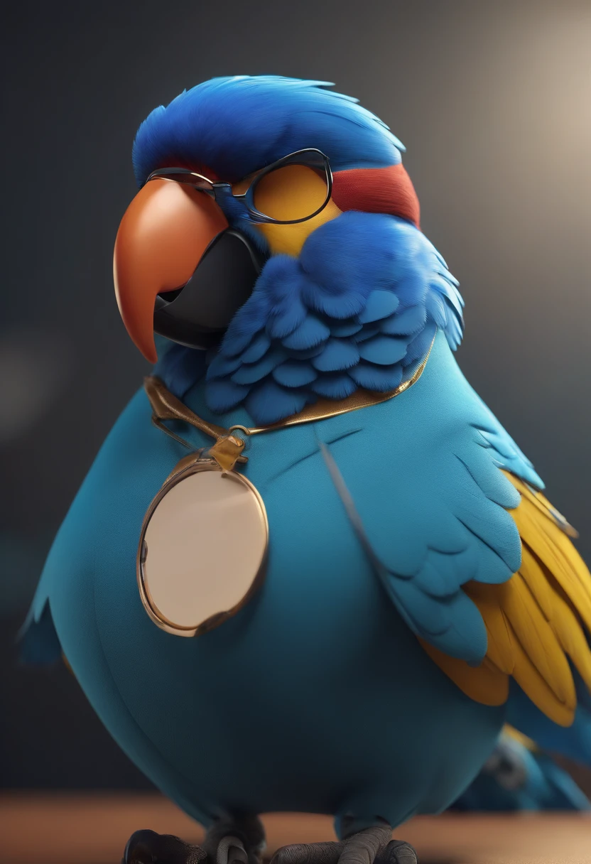 Cartoon character of a parrot wearing black glasses and a blue shirt, um personagem animado, Caractere estilizado, animation style rendering, 3D estilizado, Arnold Maya render, 3 d render stylized, toon render keyshot, Personagem 3D, Personagem 3D, 3d rendering stylized, 3 d character render, personagem de desenho animado, Personagem de close up, Pose de personagem, (Estilo Pixar) (master part:1.2) (Bokeh) (best quality) (pele detalhada) (textura detalhada) (8k) (argila) (Cinematic lighting) (foco nítido，Senta e vaza a parte superior do corpo