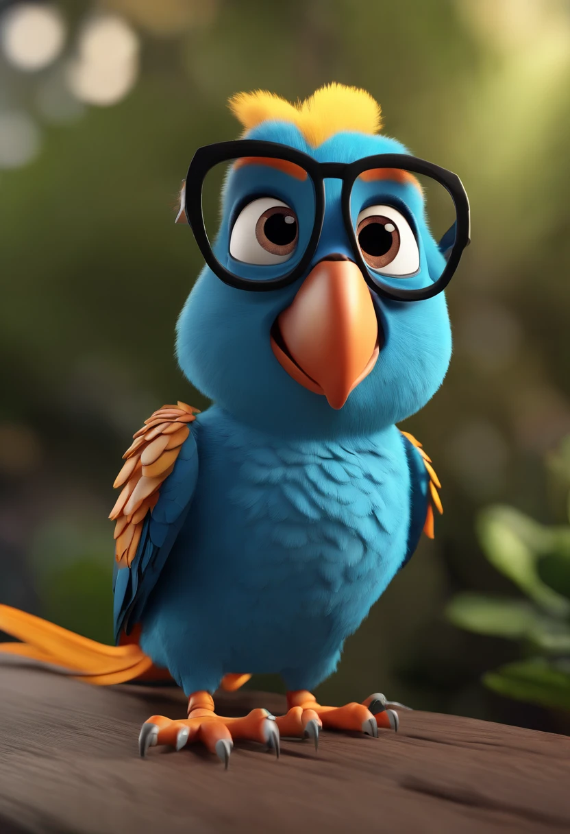 Cartoon character of a parrot wearing black glasses and a blue shirt, um personagem animado, Caractere estilizado, animation style rendering, 3D estilizado, Arnold Maya render, 3 d render stylized, toon render keyshot, Personagem 3D, Personagem 3D, 3d rendering stylized, 3 d character render, personagem de desenho animado, Personagem de close up, Pose de personagem, (Estilo Pixar) (master part:1.2) (Bokeh) (best quality) (pele detalhada) (textura detalhada) (8k) (argila) (Cinematic lighting) (foco nítido,Senta e vaza a parte superior do corpo