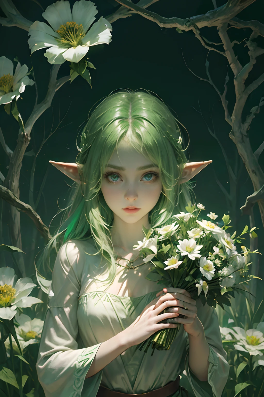 (((A wood elf hovers over the forest, tearing flowers in the forest ))) green hair, petite body, Radial glow, white fern flowers, optical, Panoramic illumination, atmospheric perspective, dawning, Smoothing: 5d, Light painting, Color, beatiful face, Clear facial features, symmetrical transparent wings, Stunning details