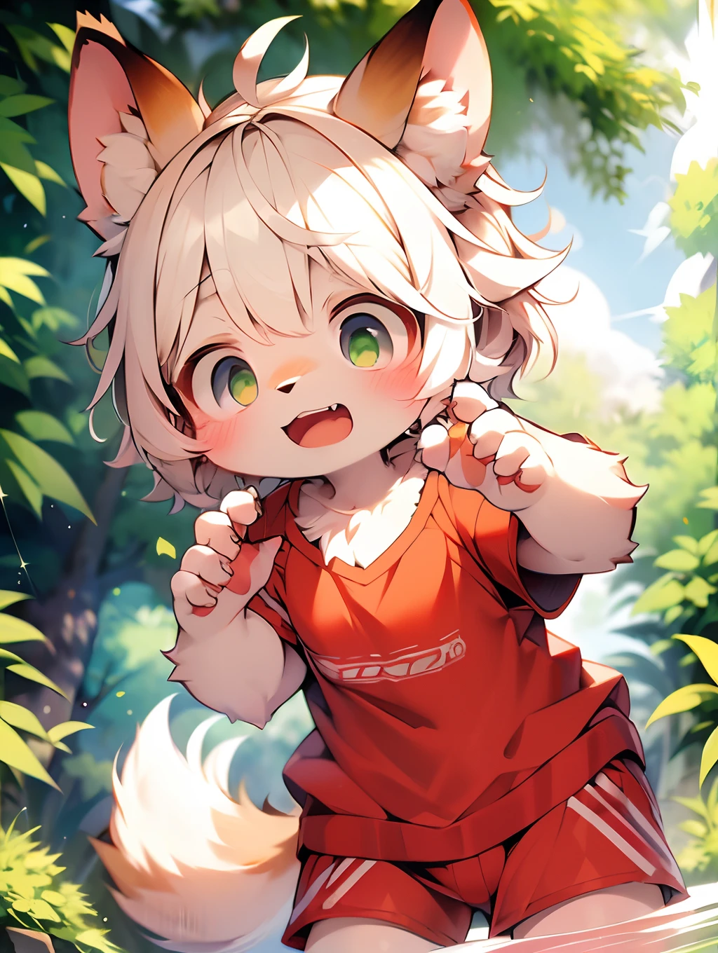 (By Dagasi: 1.1),barechested, masutepiece, High resolution, 8K, Embarrassing,Detailed background, High quality,  ((White fur, White hair, Ears lowered, Green eye, Fluffy, detailed fur)) furr, Break HA, Man's daughter,kawaii, Humanoid, Shorts, swimming trunks,kawaii,Red collar,Background with:the woods