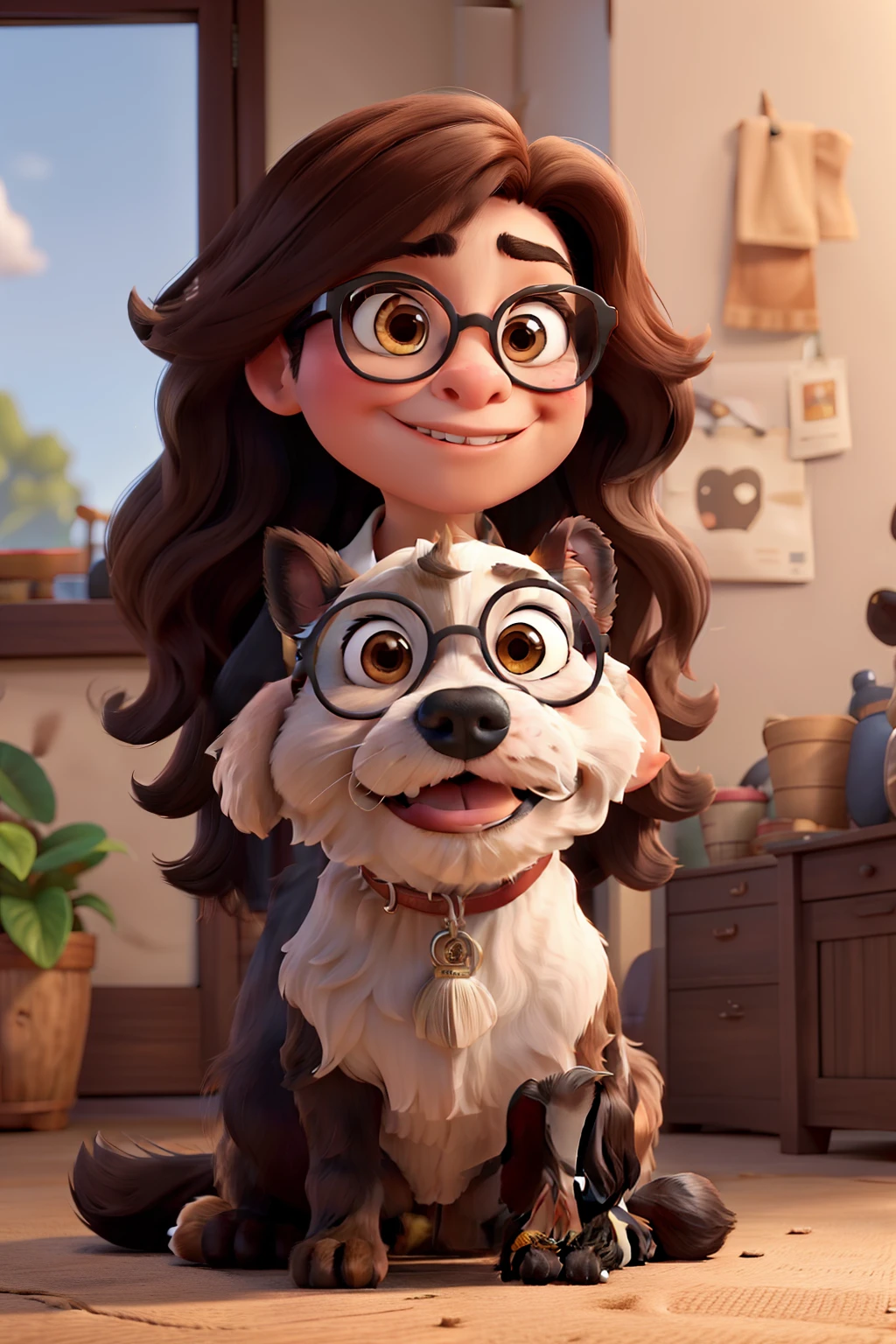 Woman Disney pixar with straight and long brown hair, fringe, oriental descent, with black glasses, wide nose, whith two dogs black Lhasa Apso