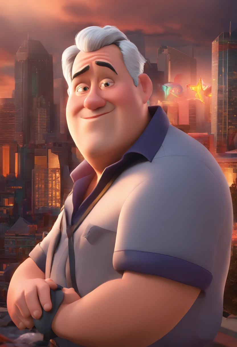 Pixar-style image with a chubby man, 35 years old, short hair, gray hair, neutral facial expression, brown eyes, wearing a black t-shirt, with a print with the Rolling Stones logo and a night city background.