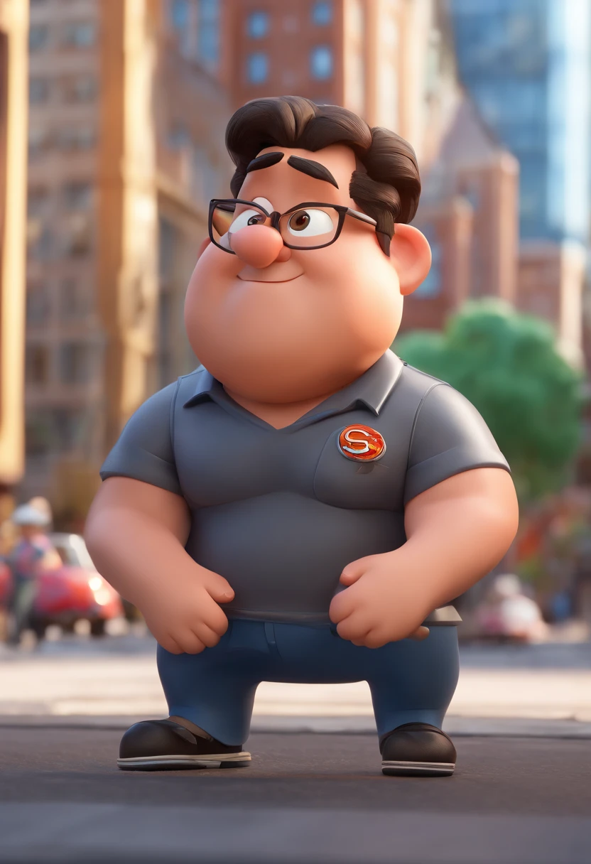 Pixar-style image with a chubby man, 35 years old, short hair, gray hair, neutral facial expression, brown eyes, wearing a black t-shirt, with a print with the Rolling Stones logo and a night city background.