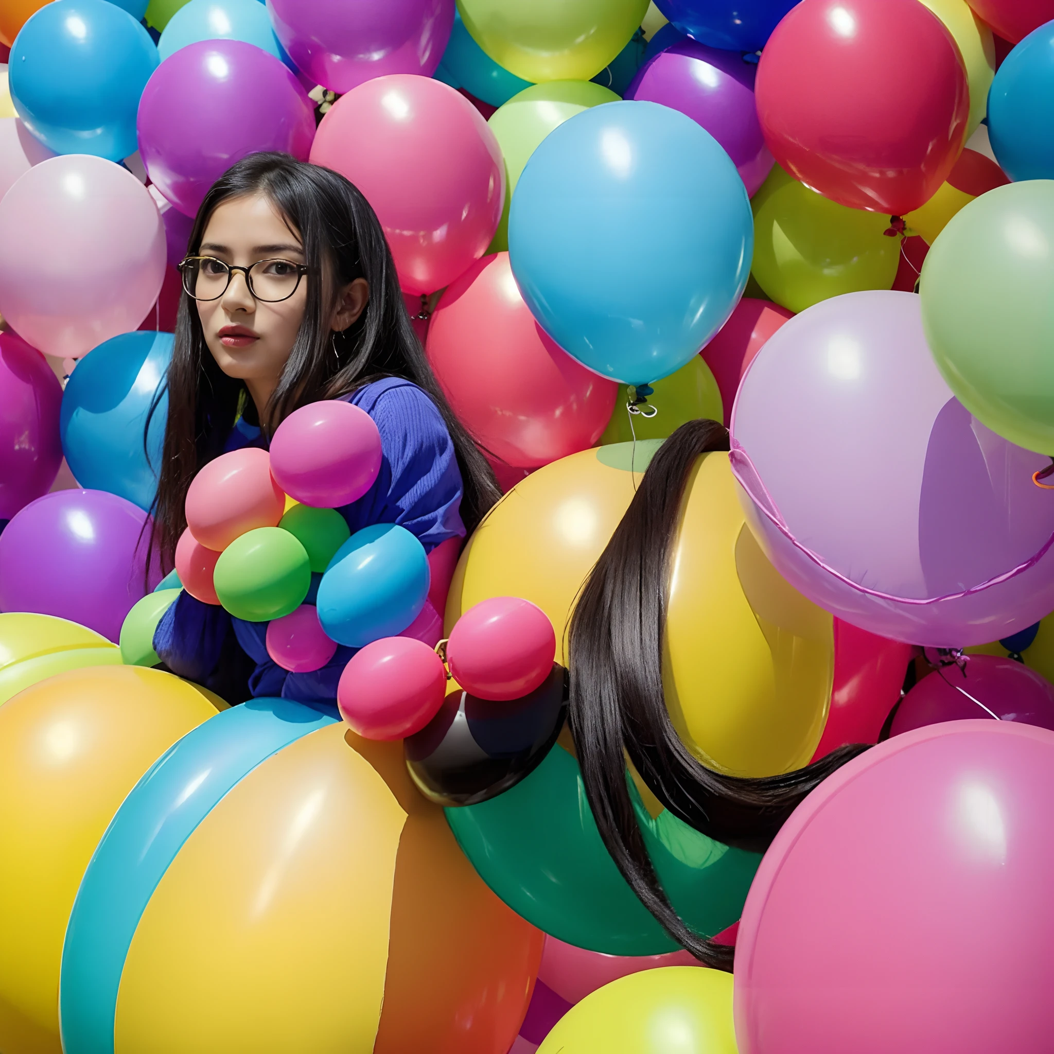 Araffe woman sitting in front of a wall of balloons, foto colorida, Globos, Imagem colorida, retrato cores felizes, vibrant aesthetic, Tiro na Nikon Z9, girl wearing round glasses, colorido, colorful backdrop, pastel colorido 3 d