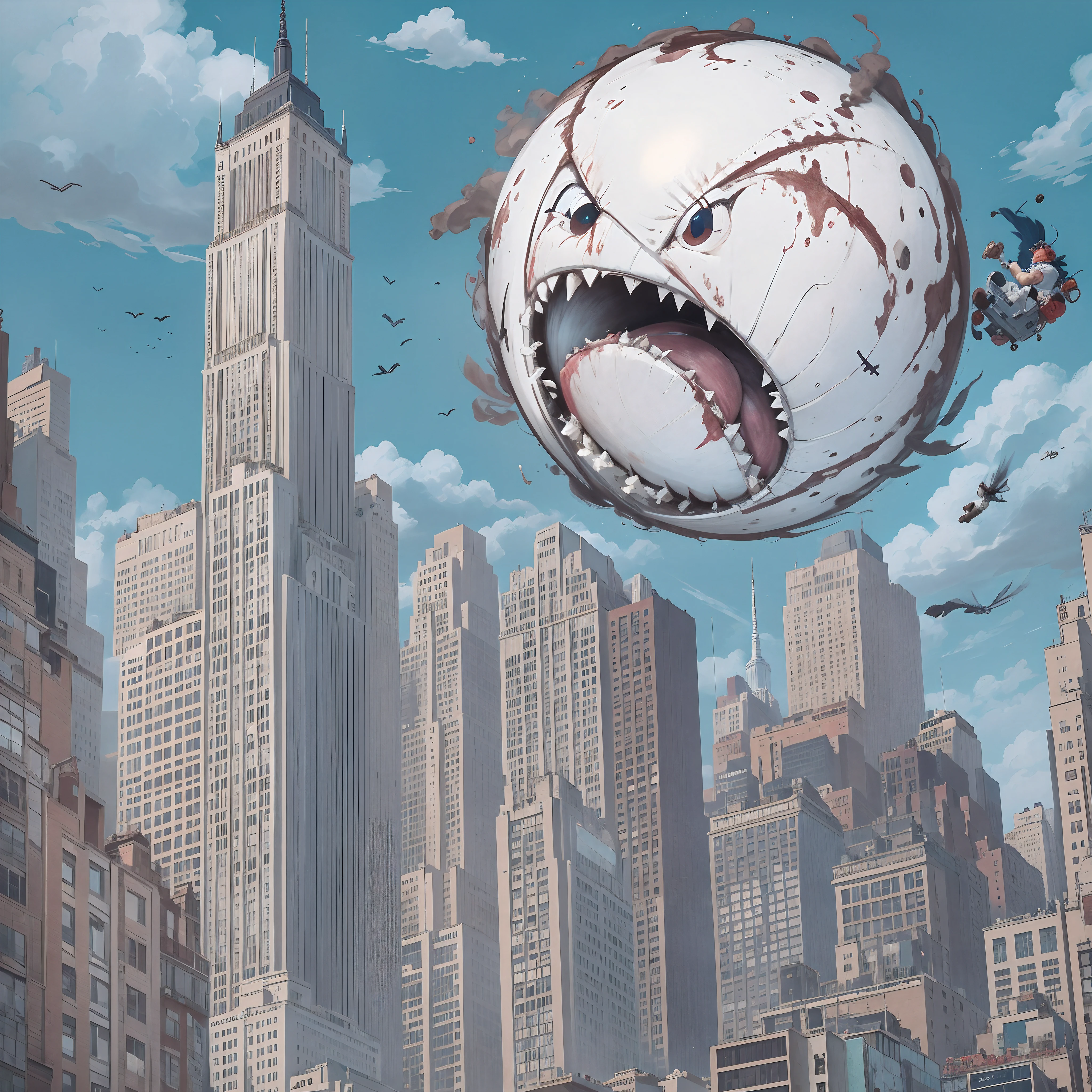 Against a bright blue sky, a small white baseball with big animated eyes and a mouth floats over the iconic spire of the Empire State Building. The ball's stitched mouth is open wide in a scream as its stick-figure arms flail through the air.
"Yaaaaahhh!" the baseball yells in a panic, leaving a trail of zig-zagging motion lines behind it as it sails through the sky. The towering art deco skyscraper stands stoically below, the tiny screams of tourists visible as specks on the observation deck.
In the next panel, the baseball is in freefall, mouth still agape in a shriek. Motion lines surround its body as it plummets down the side of the building. The ball's eyes are comically wide with fear.
The final panel shows the baseball bonking a bemused man in a fedora on the head as he walks down the crowded city sidewalk. The man's eyes whirl from the impact as the baseball bounces away, mouth curved in a dazed grin. Around them, people continue on their way, oblivious to the falling ball.