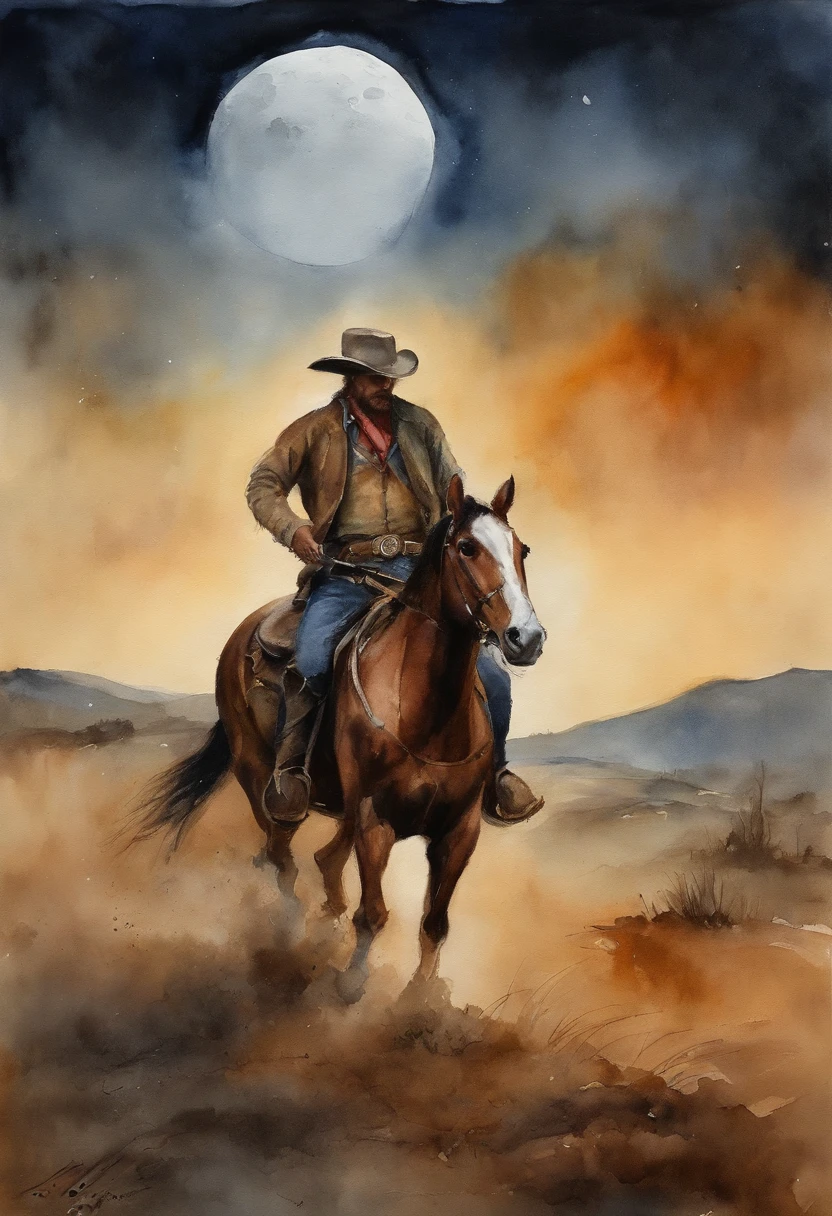 There is a man on a horse in front of a full moon, Andar a cavalo na lua, vaqueiro, Cowboy na Faixa, Back photo of a cowboy, No Velho Oeste, O Cowboy no Estranho Oeste, Velho Oeste, Lone guard, sonho de vaqueiro, quadrinhos ocidentais inspirados, lonely rider, Directed by: Cindy Wright, space western, Fotografia Moonwalker