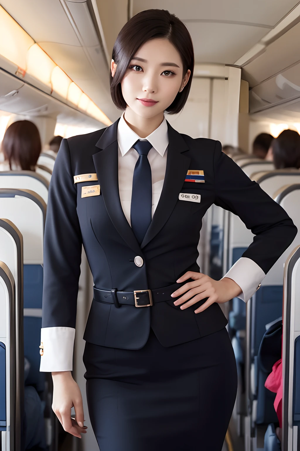 1womanl, 28 year old、hyperdetailed face、Detailed lips、A detailed eye、二重まぶた、(Black bob hair、Like an airplane stewardess々Do a good job)、(Stewardess uniform:1.2)、(Slender body)、(Small)、smil、thighs thighs thighs thighs, Panchira,Perfect fit, Perfect image realism, Background with: (Business Class aisle on airplanes:1.2), Cowboy Shot, Meticulous background, detailed costume, Perfect litthing、Hyper-Realism、(Photorealsitic:1.4)、8K maximum resolution, (​masterpiece), ighly detailed, Professional