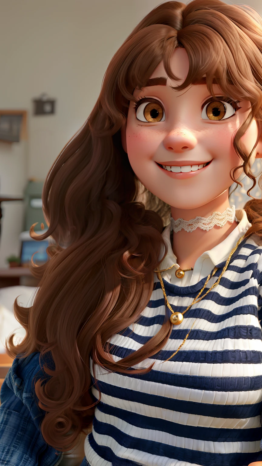A beautiful girl with medium curly hair with bangs and dark brown, Dark eyes in jeans and white knitting smiling