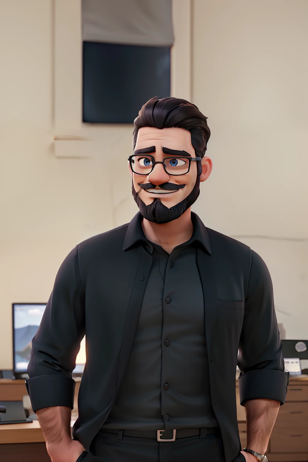 Washington dressed in a black shirt and black pants, with the landscape in the background being your gaming office. The beard strands are beautiful and your beard is full all over your face, Washington has black glasses on his face and with a light and sincere smile