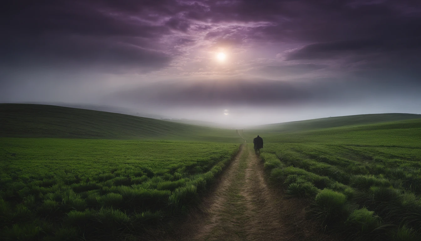 Purple trail in the middle of a green field, ((Giant sun)),Darren Budd's ultra-finely detailed paintings, shutterstock contest winner, neo-romanticism, soft mist, Made of fog, Deviant-art,Fujifilm XT3,author:Steve McCurry, author:Alessio Albi, by Lee Jeffries, author:Herb Ritts, author:Jeremy Mann,Long shot,Wide view, commerciaphotography