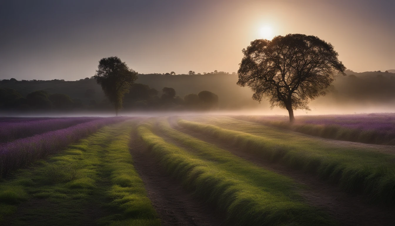 Purple trail in the middle of a green field, ((Giant sun)),Darren Budd's ultra-finely detailed paintings, shutterstock contest winner, neo-romanticism, soft mist, Made of fog, Deviant-art,Fujifilm XT3,author：Steve McCurry, author：Alessio Albi, by Lee Jeffries, author：Herb Ritts, author：Jeremy Mann，Long shot,Wide view, commerciaphotography