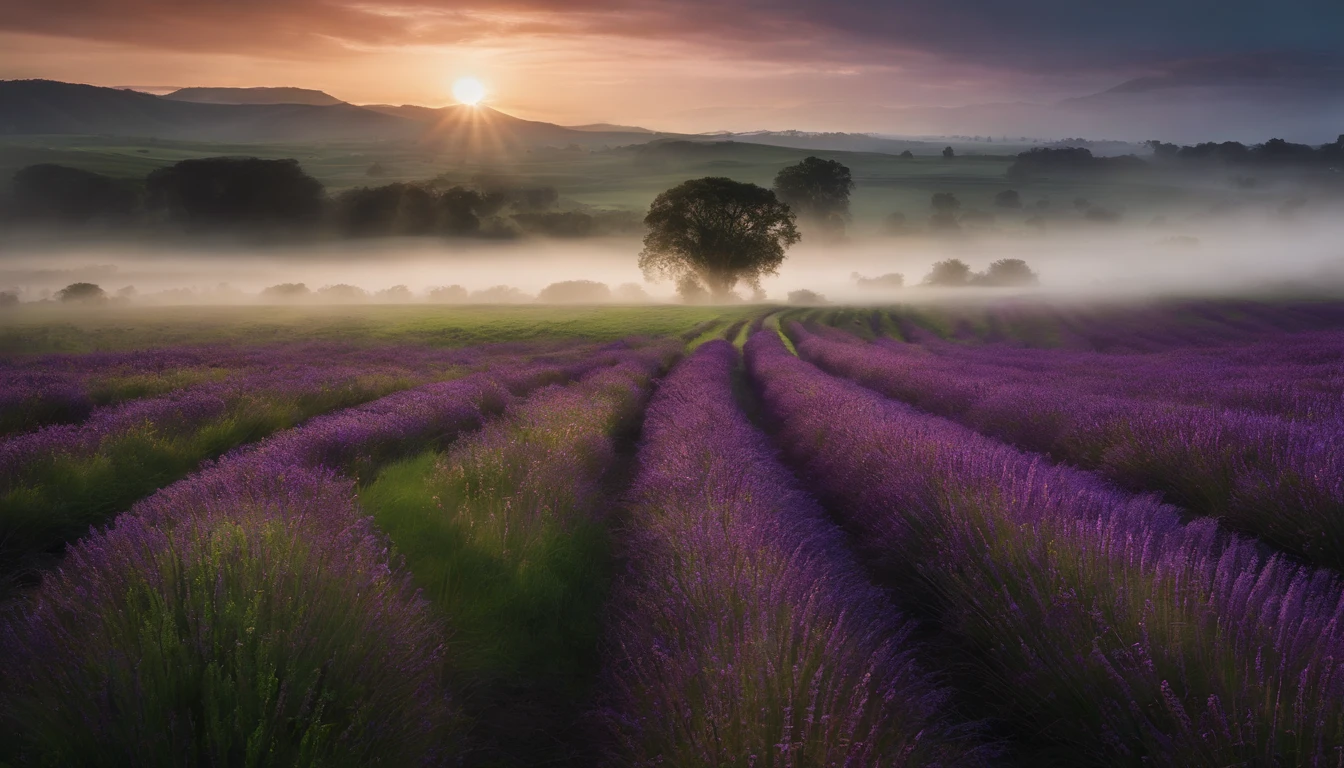 Purple trail in the middle of a green field, ((Giant sun)),Darren Budd's ultra-finely detailed paintings, shutterstock contest winner, neo-romanticism, soft mist, Made of fog, Deviant-art,Fujifilm XT3,author:Steve McCurry, author:Alessio Albi, by Lee Jeffries, author:Herb Ritts, author:Jeremy Mann,Long shot,Wide view, commerciaphotography