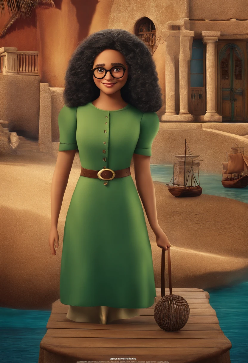 Um poster do filme da Disney. O Pai possui olhos azuis e barba longa, levemente grisalha. He's a little overweight. A filha, loira de olhos azuis, with round prescription glasses. The mother with long, slightly wavy hair, olhos cor verde azulado, bem claros, e tom de cabelo loiro escuro. The three of them are on a ship in the Caribbean