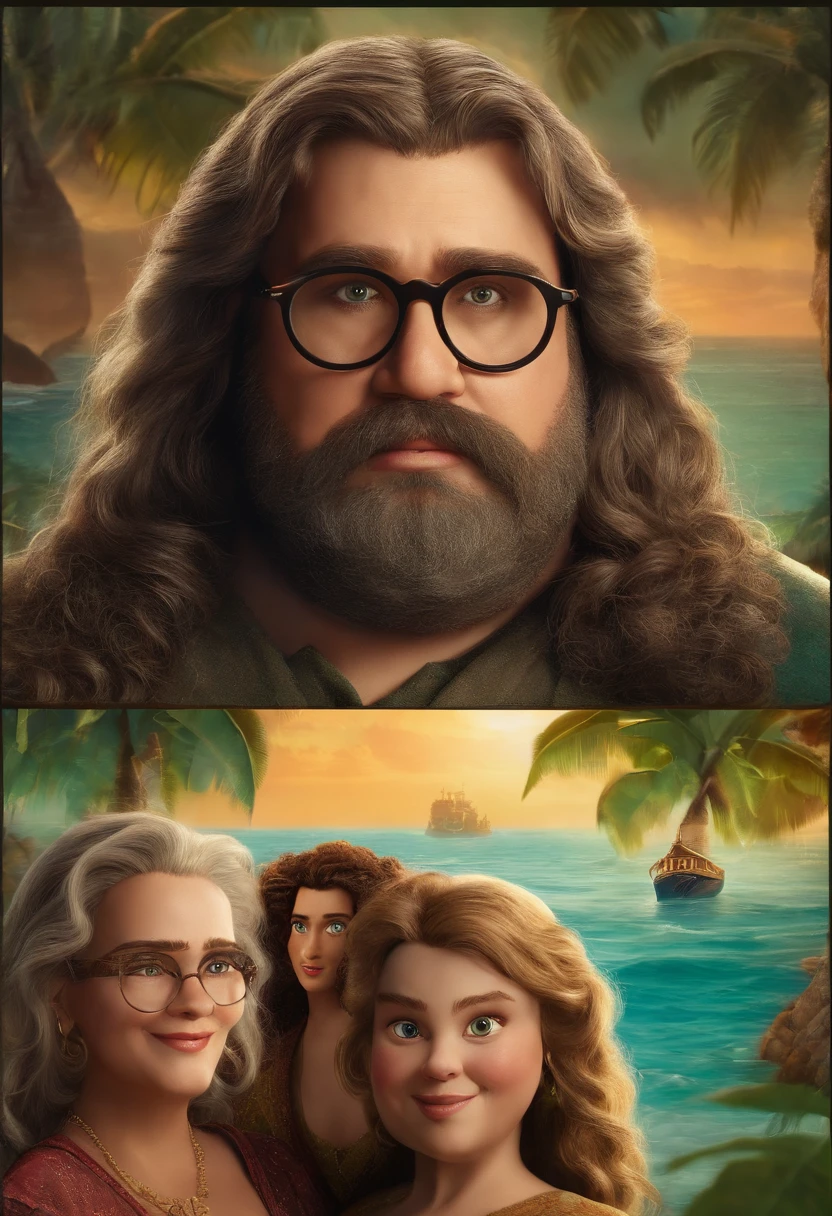 Um poster do filme da Disney. O Pai possui olhos azuis e barba longa, levemente grisalha. He's a little overweight. A filha, loira de olhos azuis, with round prescription glasses. The mother with long, slightly wavy hair, olhos cor verde azulado, bem claros, e tom de cabelo loiro escuro. The three of them are on a ship in the Caribbean