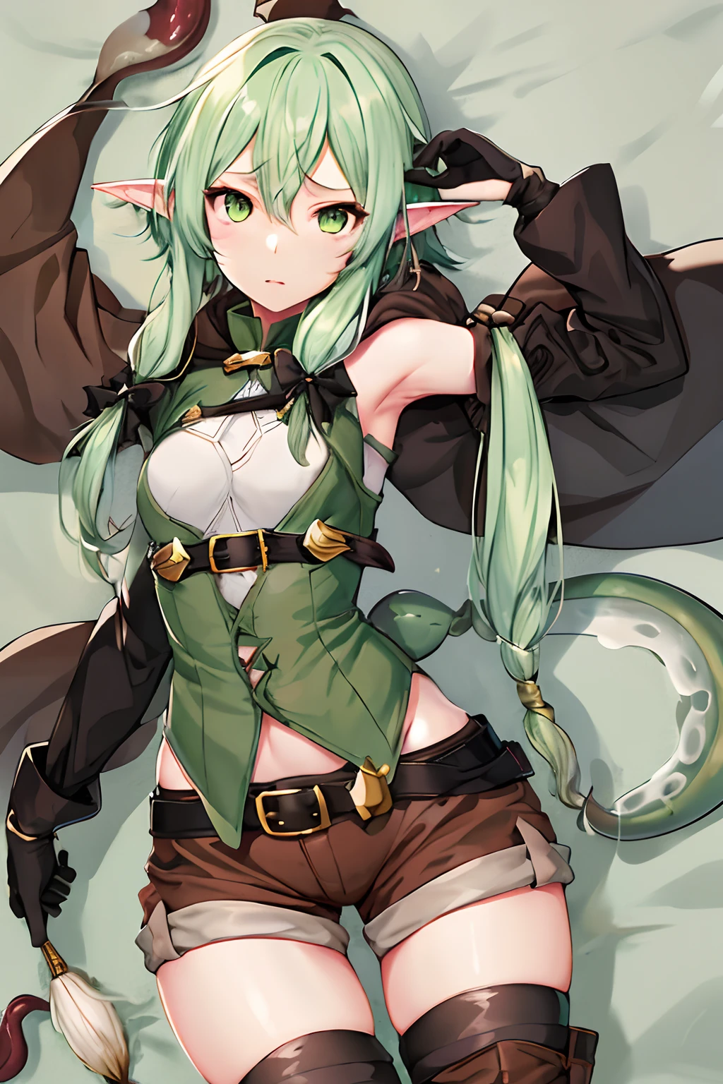 masutepiece, Best Quality, hight resolution, 1girl in, elf, pointy ear, Green hair, Long hair, side locks, Hair Bow, Small breasts, cloaks, Green eyes, Black Gloves, Brown shorts, green thighhighs, Short shorts, Belt bag,embarassed expression、((Caught by tentacles))、((Tentacles and sex))、((Lotion for the whole body))