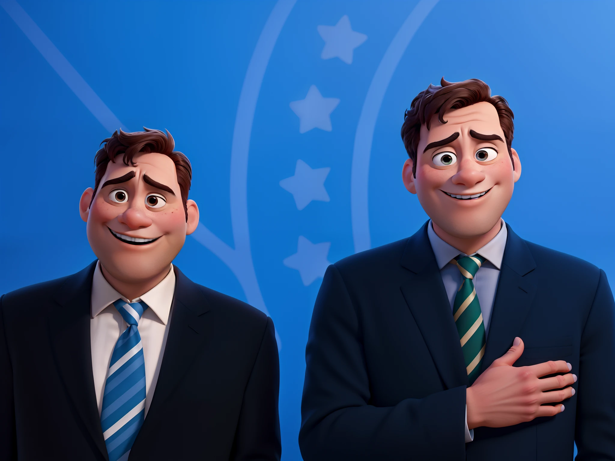 Vrie u. Poster dois homens em estilo pixar disney