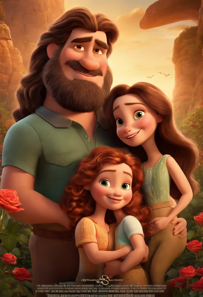 a Disney Pixar movie poster showing a white-skinned family. The father is the tallest, Tem barba curta, loiro, cabelos curtos e espinhosos. The mother has brown eyes and hair, shoulder-length and is slightly overweight. A menina tem 4 anos e cabelos castanhos, roupa rosa e rabos de cavalo. The background is a beach garden. 3D-rendering