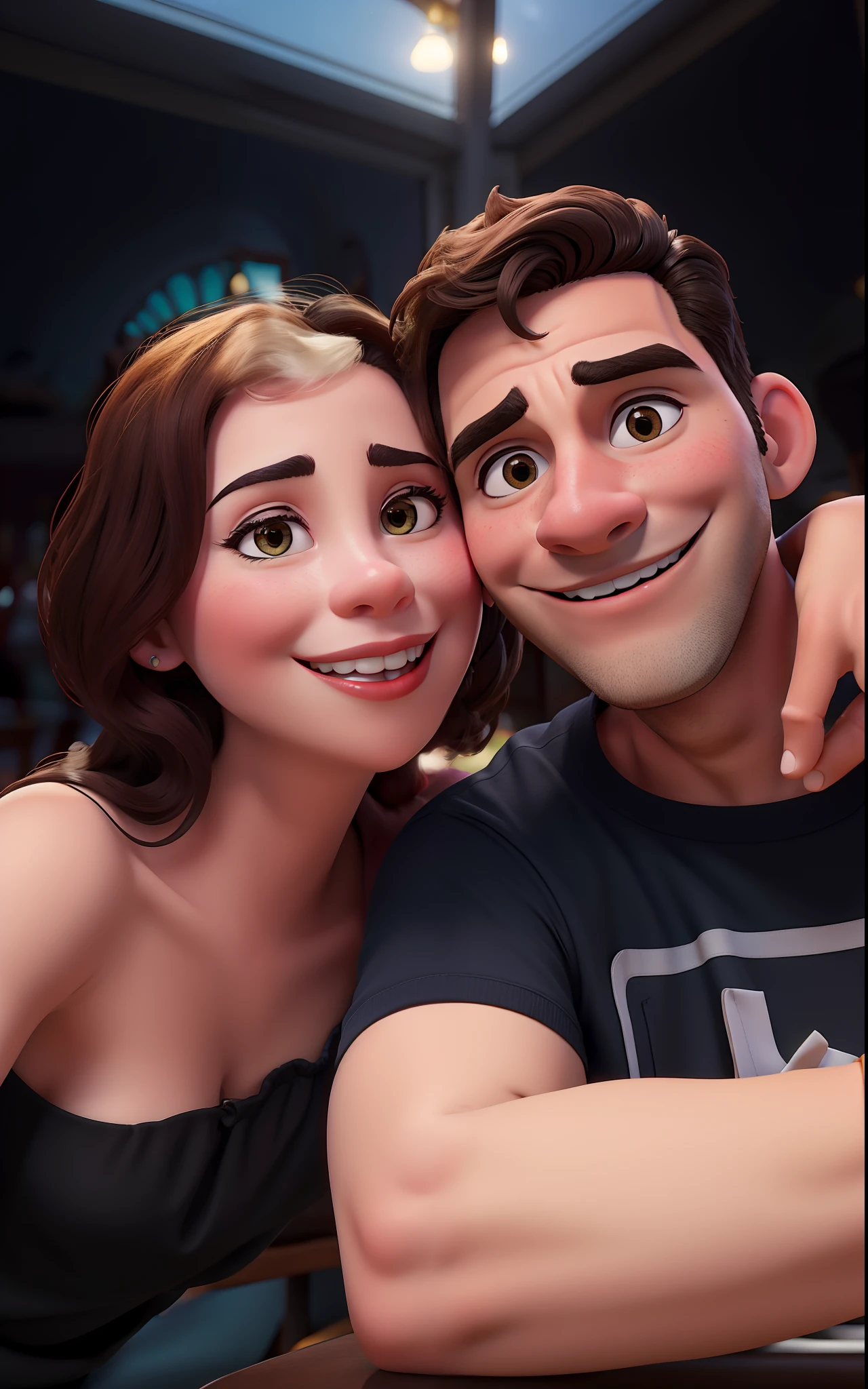 Casal estilo Disney no restaurante.