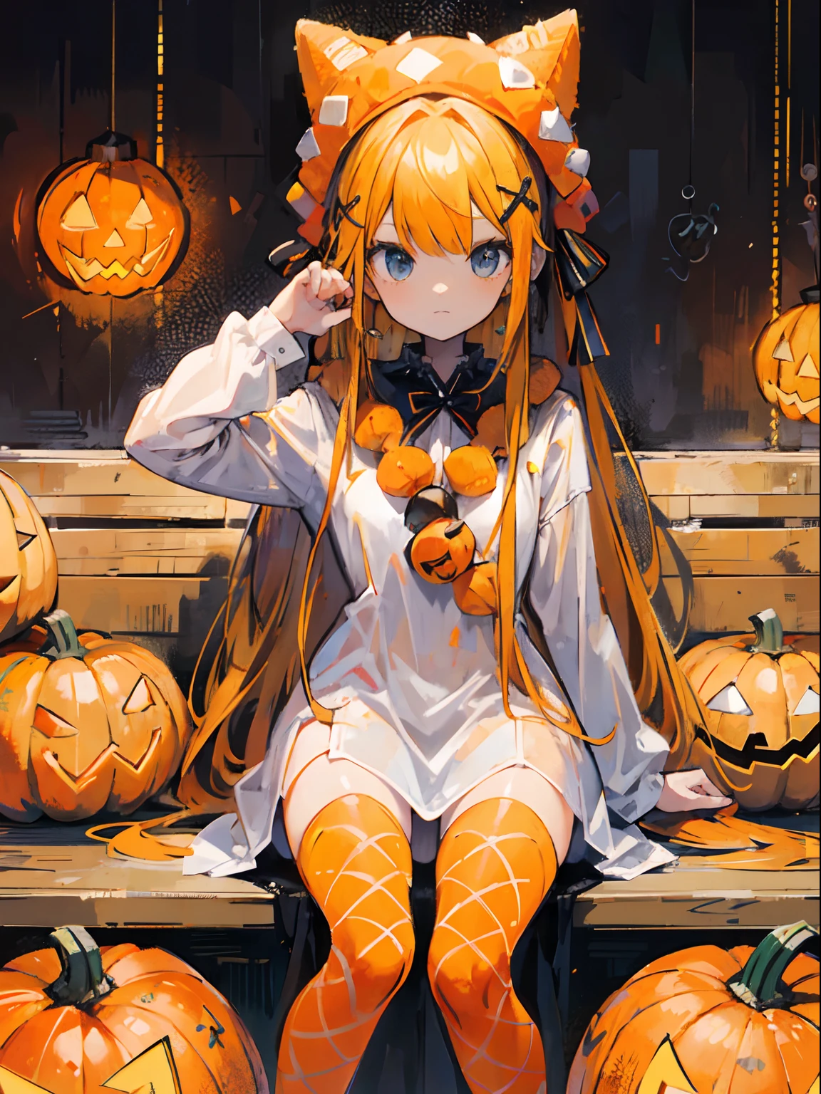 girl with orenge tied hair and a pumpkin hat, sit pose, halloween theme,
