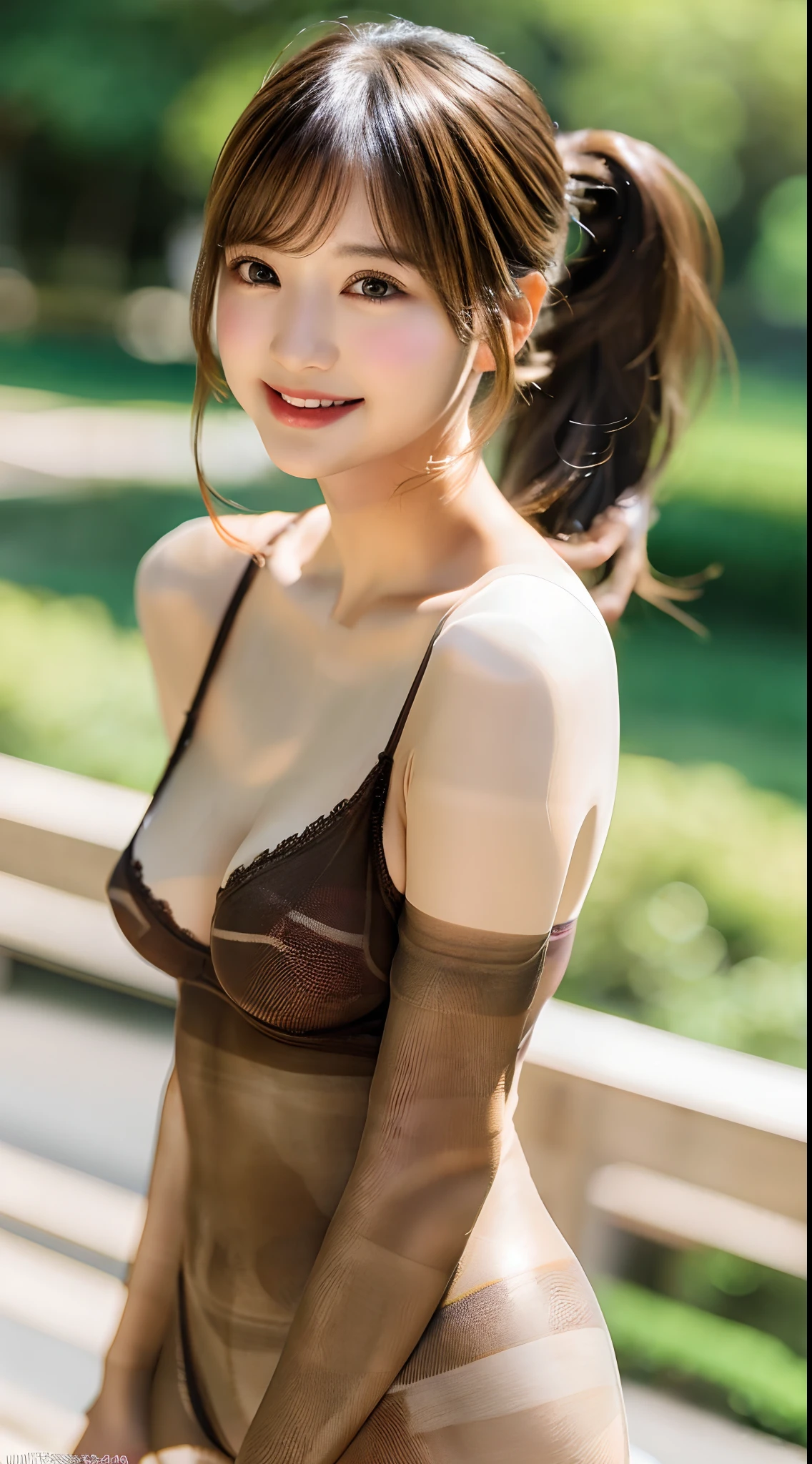 masutepiece, Best Quality, Illustration, Ultra-detailed, finely detail, hight resolution, 8K Wallpapers, Perfect dynamic composition, Beautiful detailed eyes, game_nffsw, Women's Fashion Summer,Ponytail hair,Small breasts natural color lip, Bold sexy poses,Smile,Harajuku、NSFW、20 years girl、Cute、Sexy shot looking at camera、(Ultra-realistic pantyhose:1.5), realistic skin textures、shinny skin、Exposed thighs!!!