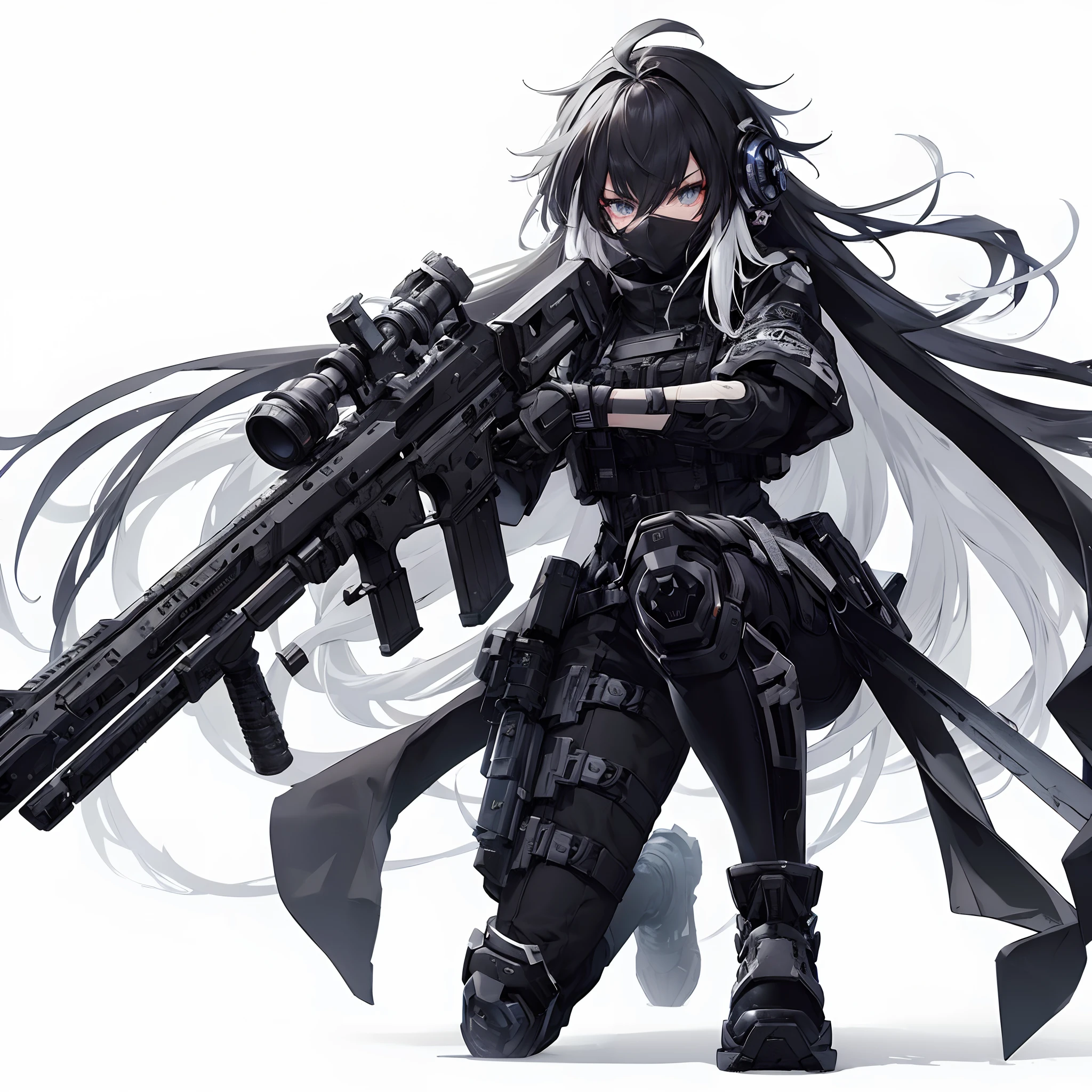 (masterpiece, Best Quality), (Perfect athlete body:1.2), (detailed hairs), Ultra-detailed, Anime style, Full body, cyberpunk ninja assassin girl wearing tech-wear, black mask, wielding huge Gatling gun, black-white hair, braised, White doctor mask, wear long boots, 8K High Resolution, trend art station, White background, Standing in the wasteland, Whole body,