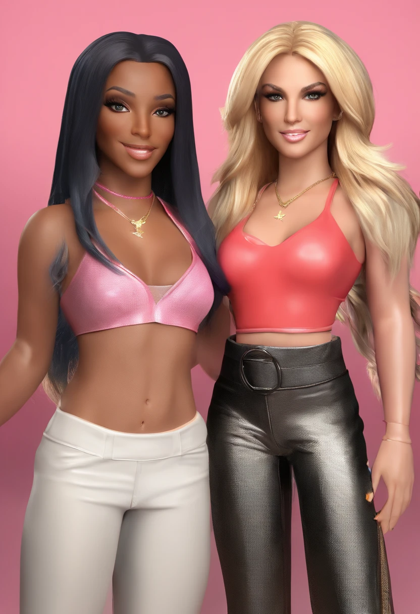 2 girls, Beautiful fit and busty ebony brazilian women full naked, light skin, tanlines, standing fully nude, cute 28 years old, long straight hair, blonde highlights, as a sexy girl from playboy, amazing large breasts, strip club, stripper, neon lights, stripper pole, desktop wallpaper, professionally lit